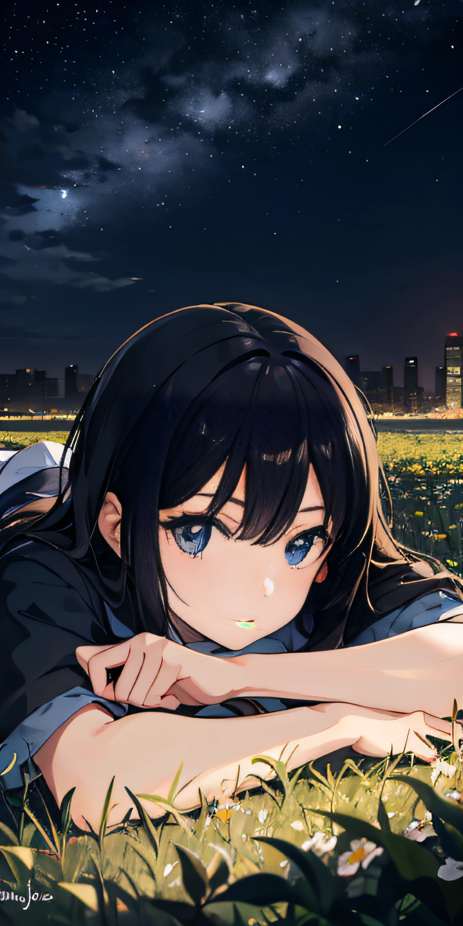 Girl lying in a field and looking at the starry sky, Tokyo, night, Blue eyes, Detailed face