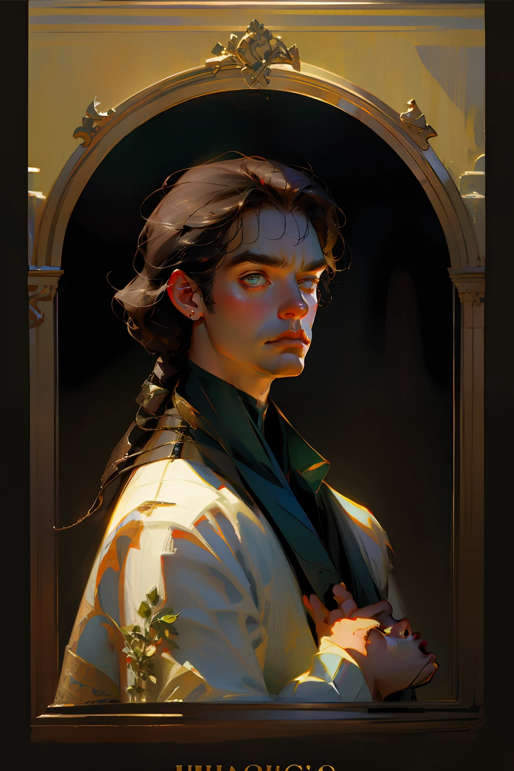 Henry Cavill, Portrait, oil painting, sombras escuras profundas, cinematic lighting, John Singer Sargent, Chiaroscuro, Lost Edges, Leyendecker Poster, digital art, classical art, estilo renascentista,