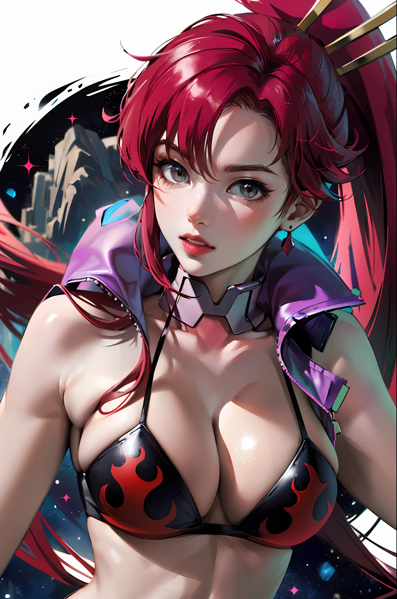 Create an incredibly detailed drawing of the character Yoko from the anime Gurren Lagann in a space environment. Let Yoko be photographed up close to show all the details of her gorgeous appearance. Please provide the highest quality and maximum detail to ensure that every line, shadow and texture is clear and realistic. Use clear focus to especially reflect her vivid facial expressions and her characteristic features, such as hair, eyes, and clothing.

Add a space environment with neon lights and a colorful spectrum to create a futuristic, exotic atmosphere. Let these lights illuminate and enhance the beauty and elegance of Yoko. Short, narrow 
 Top, in love

Please make the drawing accurate and consistent with Yoko's appearance from the anime Gurren Lagann. Waterfall, oasis, furs, transformers