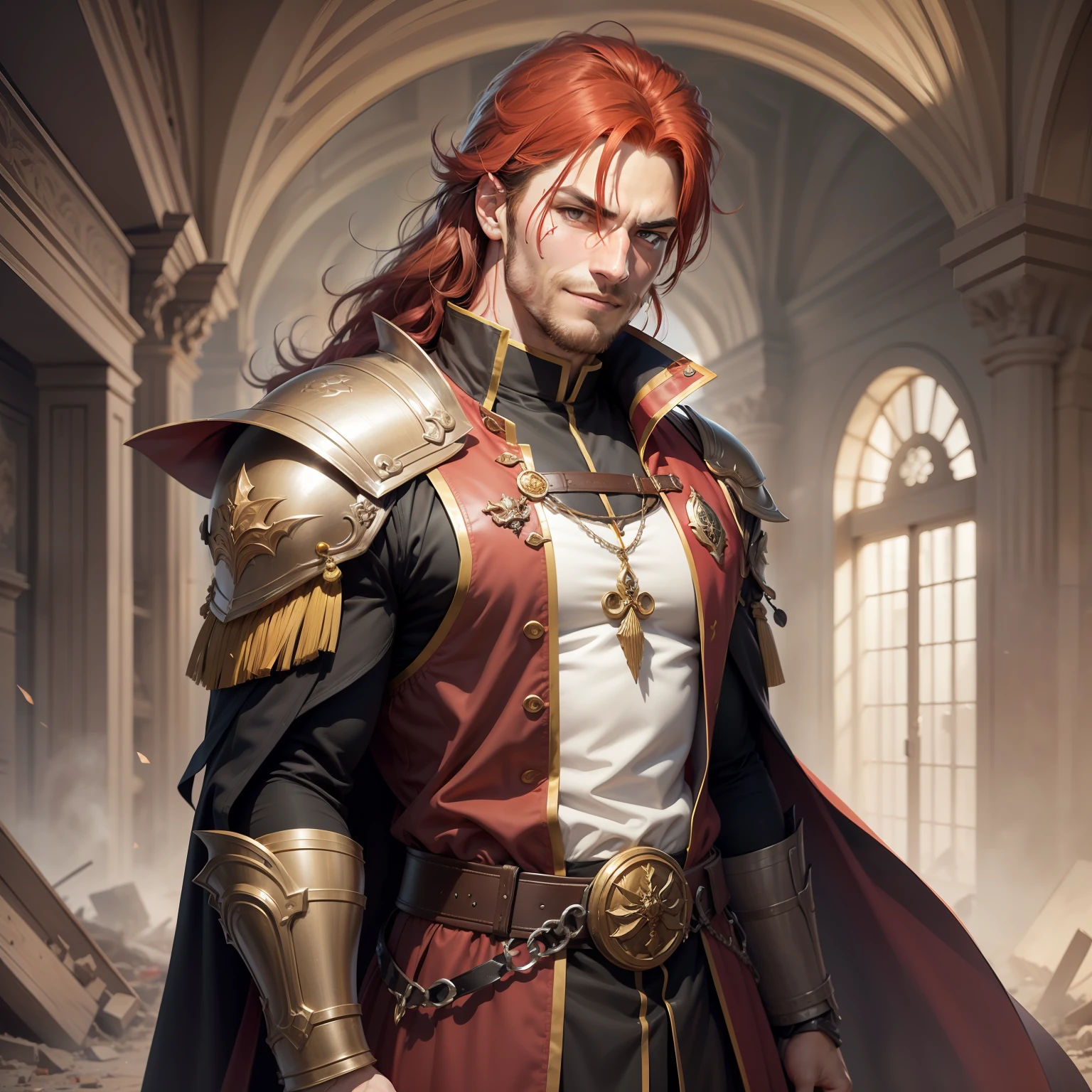 Realistic image of a strong, tall man, red hair with mullets, thin beard, dressed in black cleric's costumes with red details and with shoulder pads, anime character style art, wounded face with a confident smile, fighter's posture, corridor of a palace with rubble