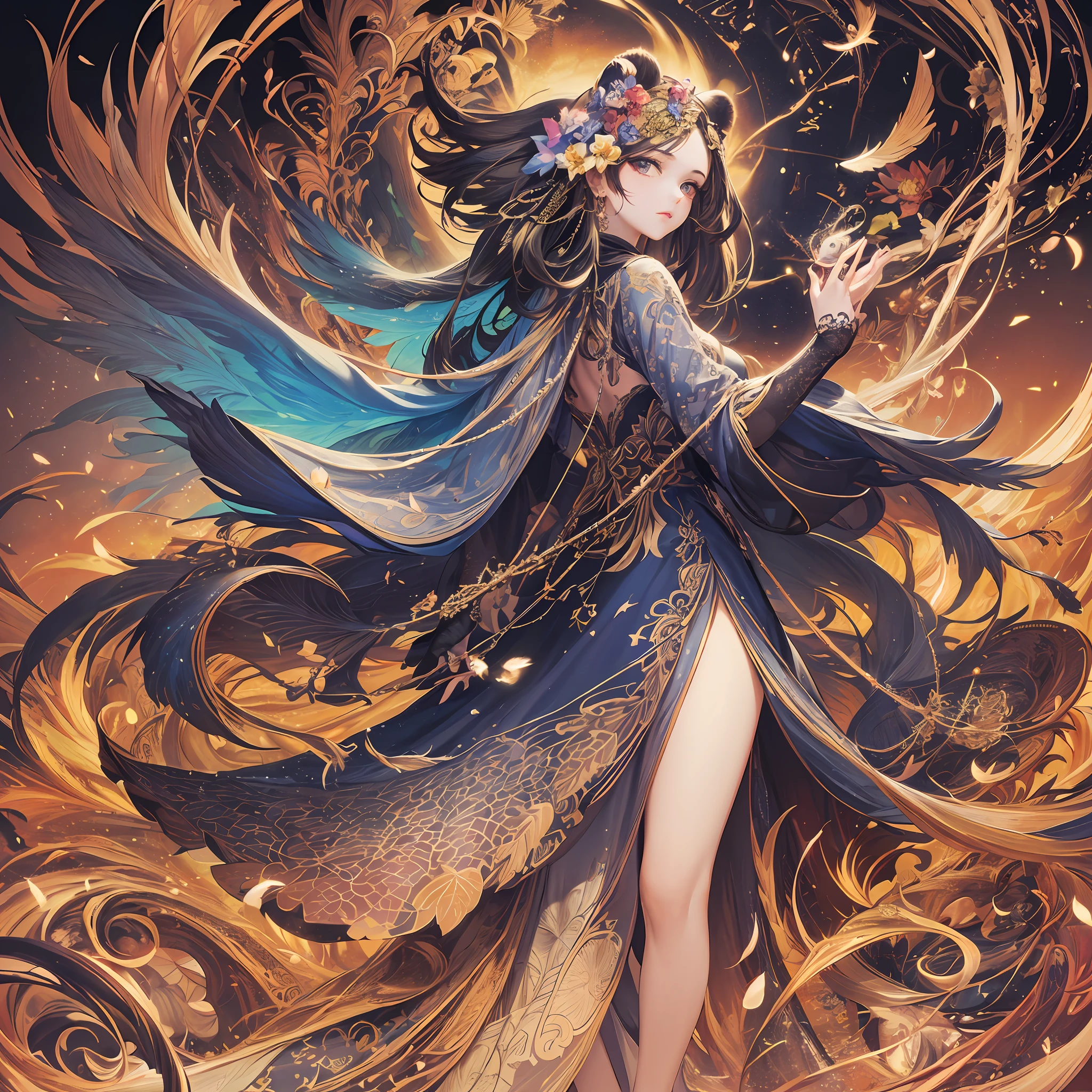 (Masterpiece, Top Quality, Best Quality, Official Art, Beautiful and Aesthetic: 1.2), (1 Girl: 1.3), Very Detailed, White and Blue, (Fractal Art: 1.1), (Flower: 1.3), Supreme Detail, (Zentangle: 1.2), (Dynamic Pose), (Abstract Background: 1.3), (Glossy Skin), (Many Colors: 1.4), (Earrings), (Feathers: 1.5), (Magic Effects:1.3), jewels, long dress sleeves, long hair, wrapped in light, vivid background, phoenix dress, vivid eyes, panda ears, sunrise