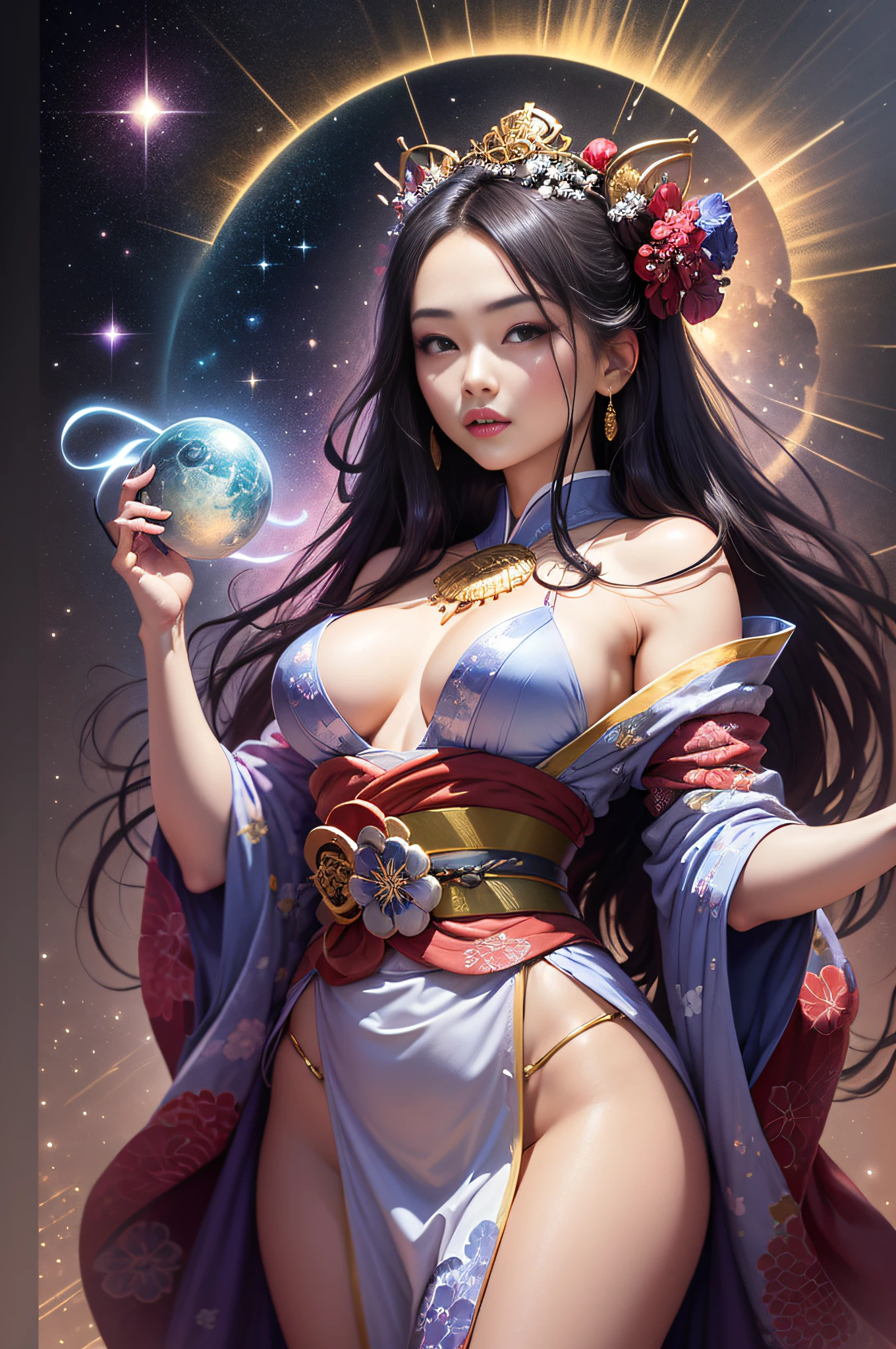 ((ultra-realist, fottorealist, surrealist 16k)) "Masterpiece, the majestic geisha queen of time (full body), with flowing hair, bright fleshy lips, full breasts, dressed in a short kimono, ornamented with radiant stars, serenely stares at the dimensional portal in front of her, her eyes shining as brightly as two shimmering galaxies (details, intricate assorted poses)."