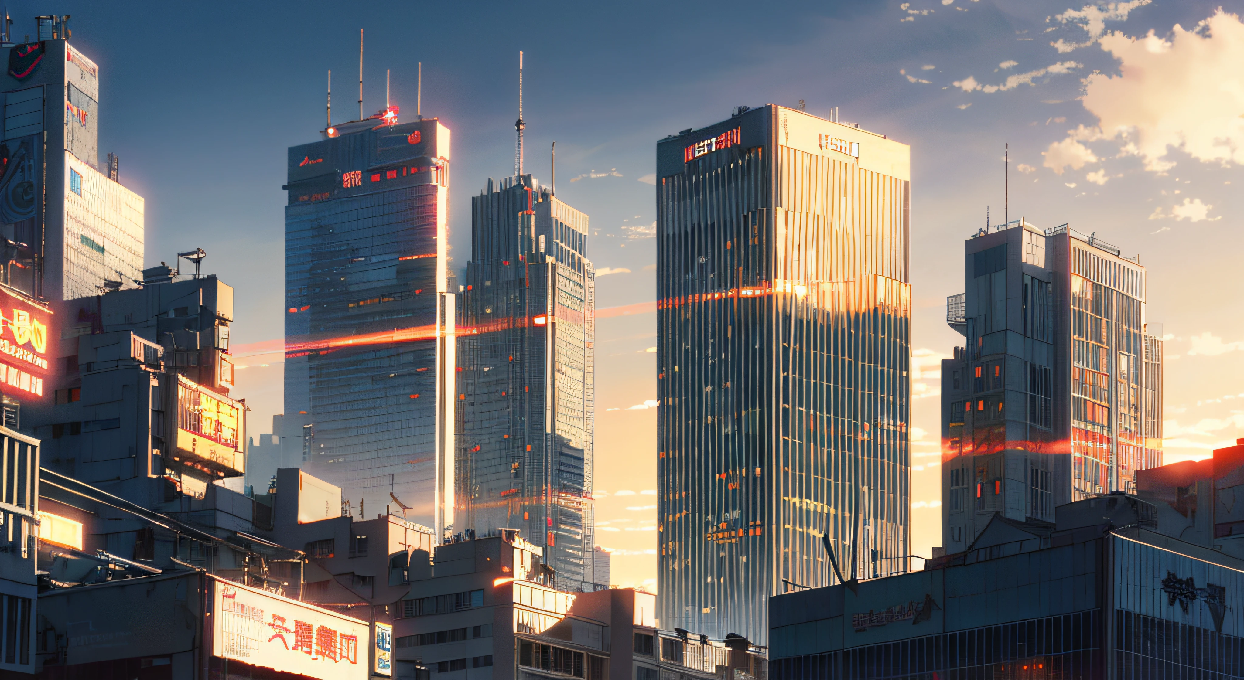 (Masterpiece: 1.2, highest quality), (Lighting) 3, detailed anime-style illustrations, Cyberpunk's futuristic buildings dyed in the setting sun looking up from below, the buildings appear dark and hazy in shadow. The entire screen is bright red, Makoto Shinkai, anime style, and the sky is also dyed bright red.