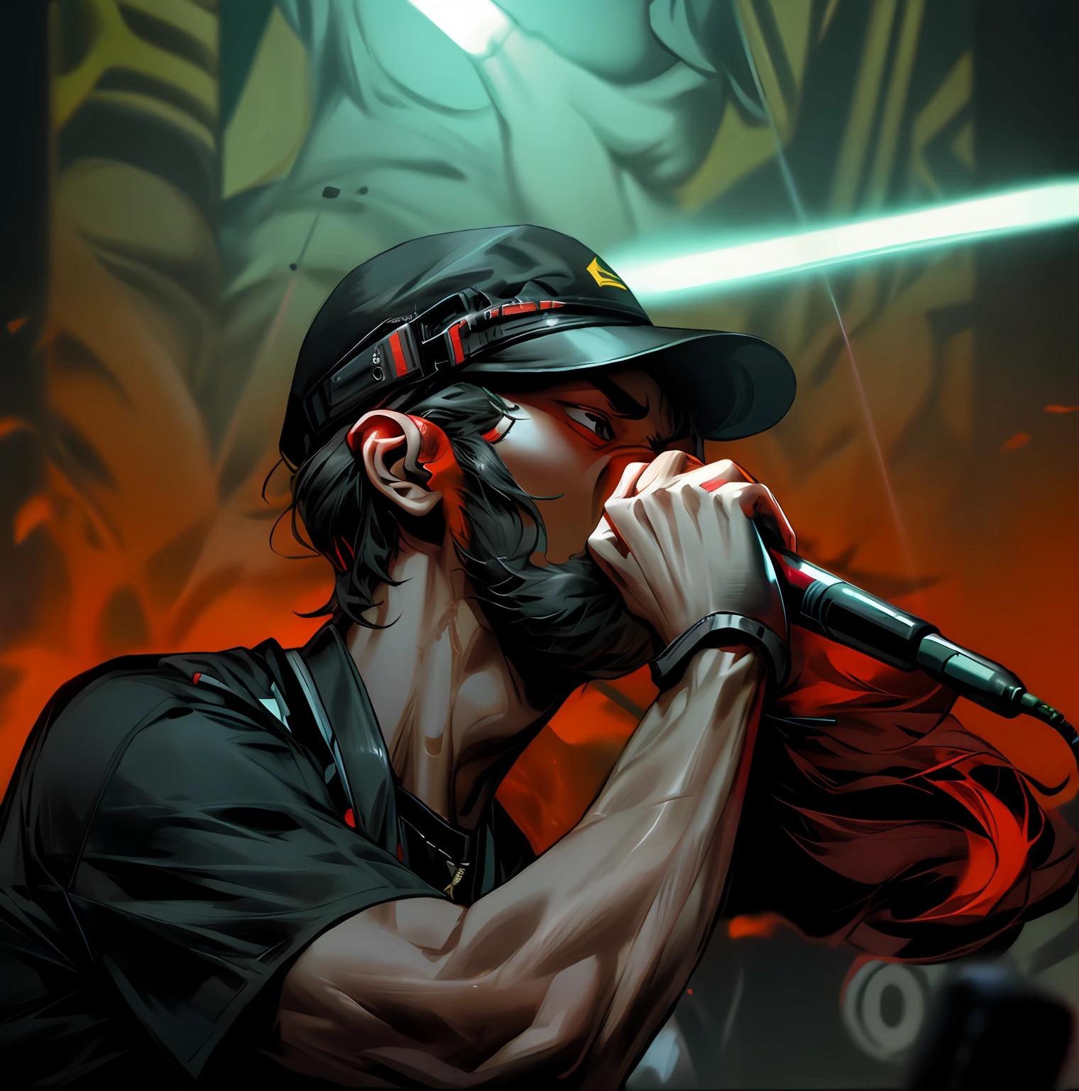 Cyberpunk, mecha arm, unibody, HD, detail, rapping at festival, rap battle, holding microphone, highly focused, lighting, futuristic, light skin tone, with a bushy beard, wearing black T-shirt and black cap