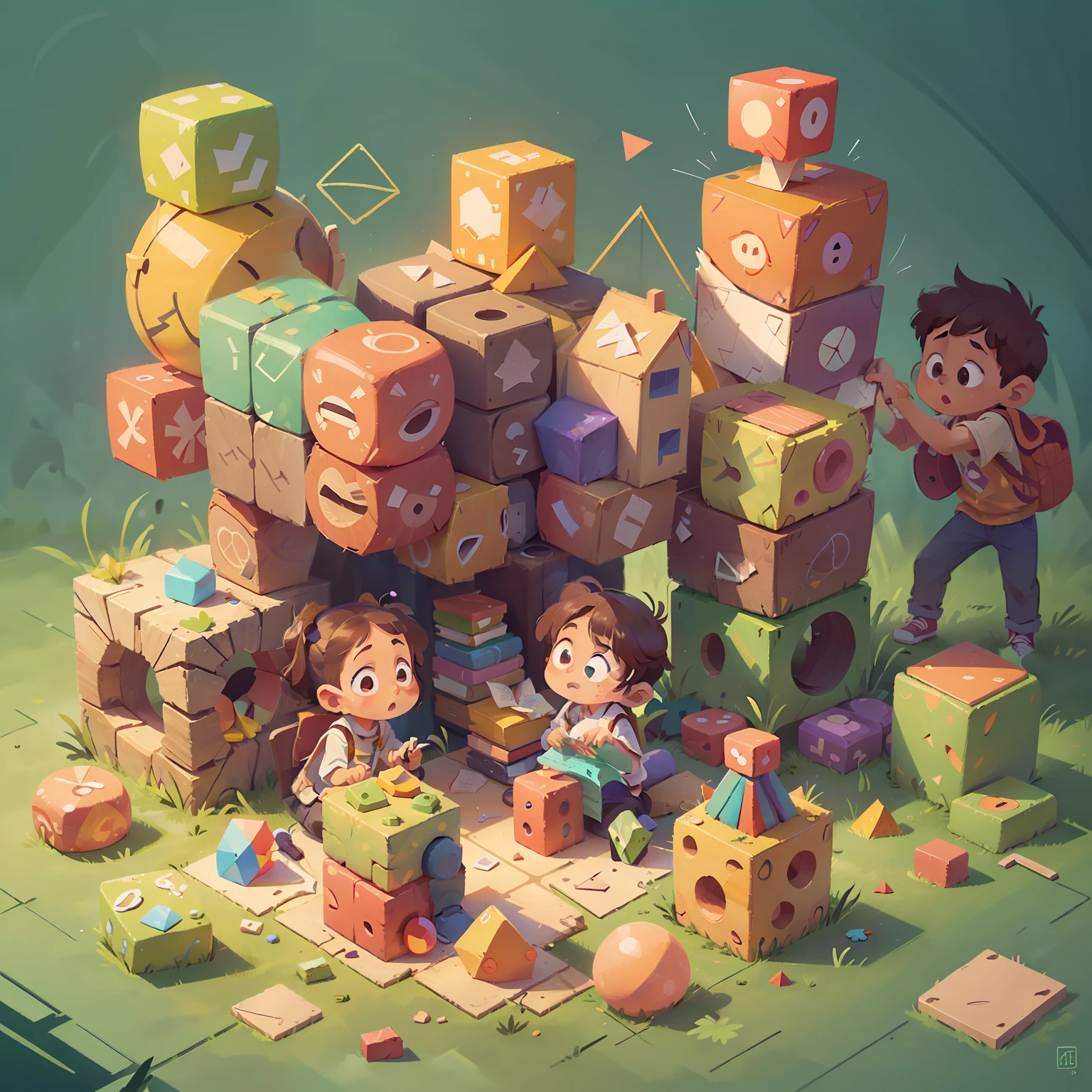 An animated scene of children building geometric figures using colored blocks, demonstrating creativity and visual learning in solving geometric problems