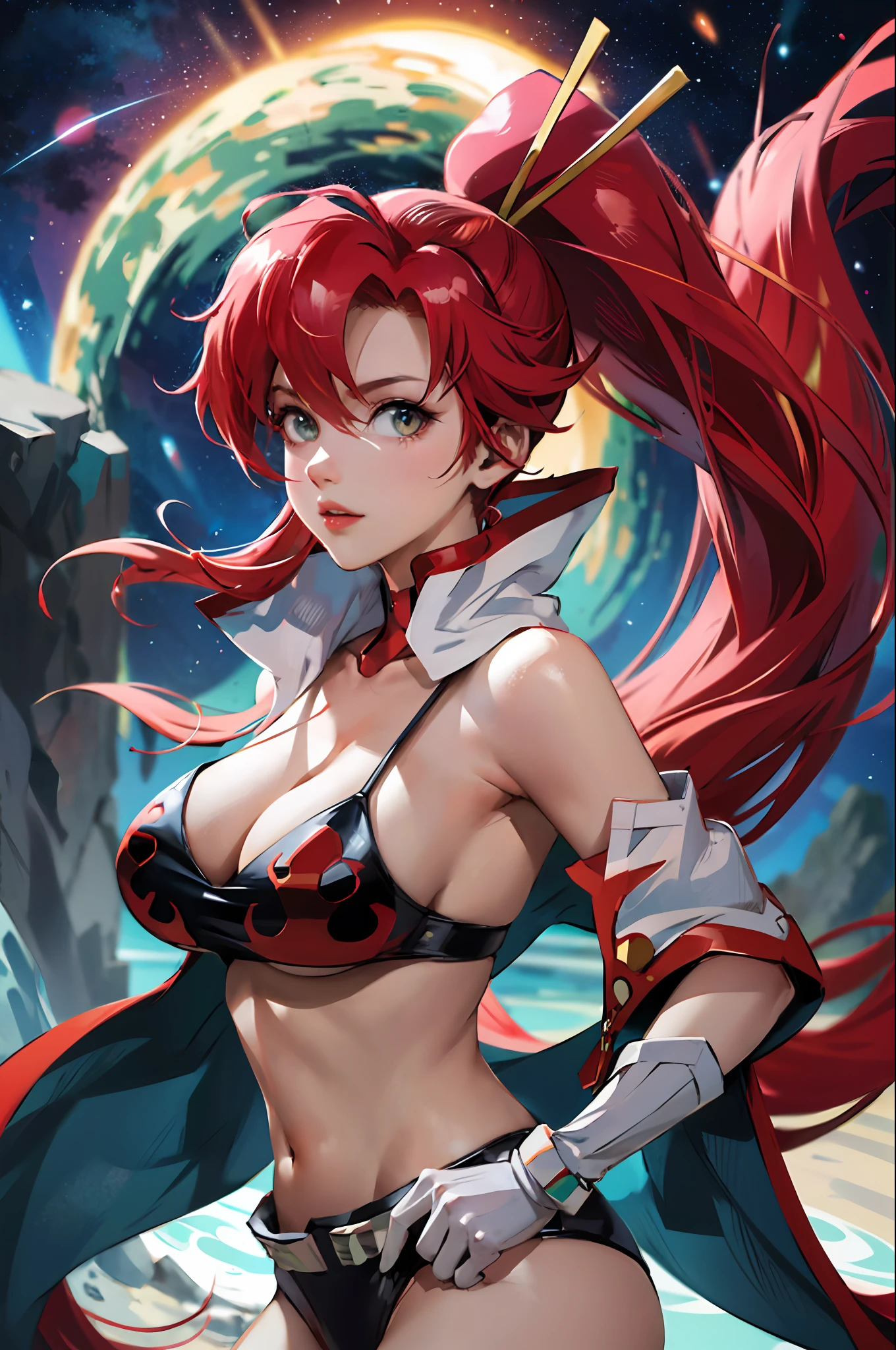 Create an incredibly detailed drawing of the character Yoko from the anime Gurren Lagann in a space environment. Let Yoko be photographed up close to show all the details of her gorgeous appearance. Please provide the highest quality and maximum detail to ensure that every line, shadow and texture is clear and realistic. Use clear focus to especially reflect her vivid facial expressions and her characteristic features, such as hair, eyes, and clothing.

Add a space environment with neon lights and a colorful spectrum to create a futuristic, exotic atmosphere. Let these lights illuminate and enhance the beauty and elegance of Yoko. Short, narrow 
 Top, in love

Please make the drawing accurate and consistent with Yoko's appearance from the anime Gurren Lagann. Waterfall, oasis, furs, transformers