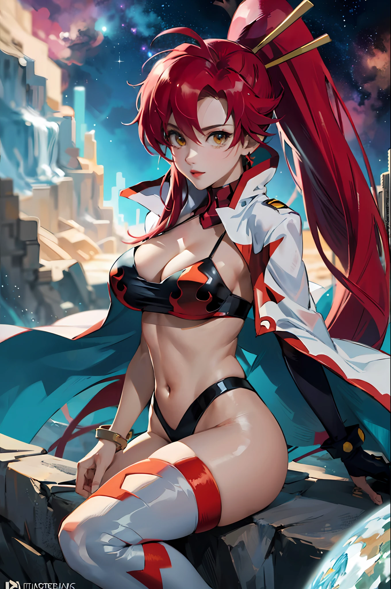 Create an incredibly detailed drawing of the character Yoko from the anime Gurren Lagann in a space environment. Let Yoko be photographed up close to show all the details of her gorgeous appearance. Please provide the highest quality and maximum detail to ensure that every line, shadow and texture is clear and realistic. Use clear focus to especially reflect her vivid facial expressions and her characteristic features, such as hair, eyes, and clothing.

Add a space environment with neon lights and a colorful spectrum to create a futuristic, exotic atmosphere. Let these lights illuminate and enhance the beauty and elegance of Yoko. Short, narrow 
 Top, in love

Please make the drawing accurate and consistent with Yoko's appearance from the anime Gurren Lagann. Waterfall, oasis, furs, transformers