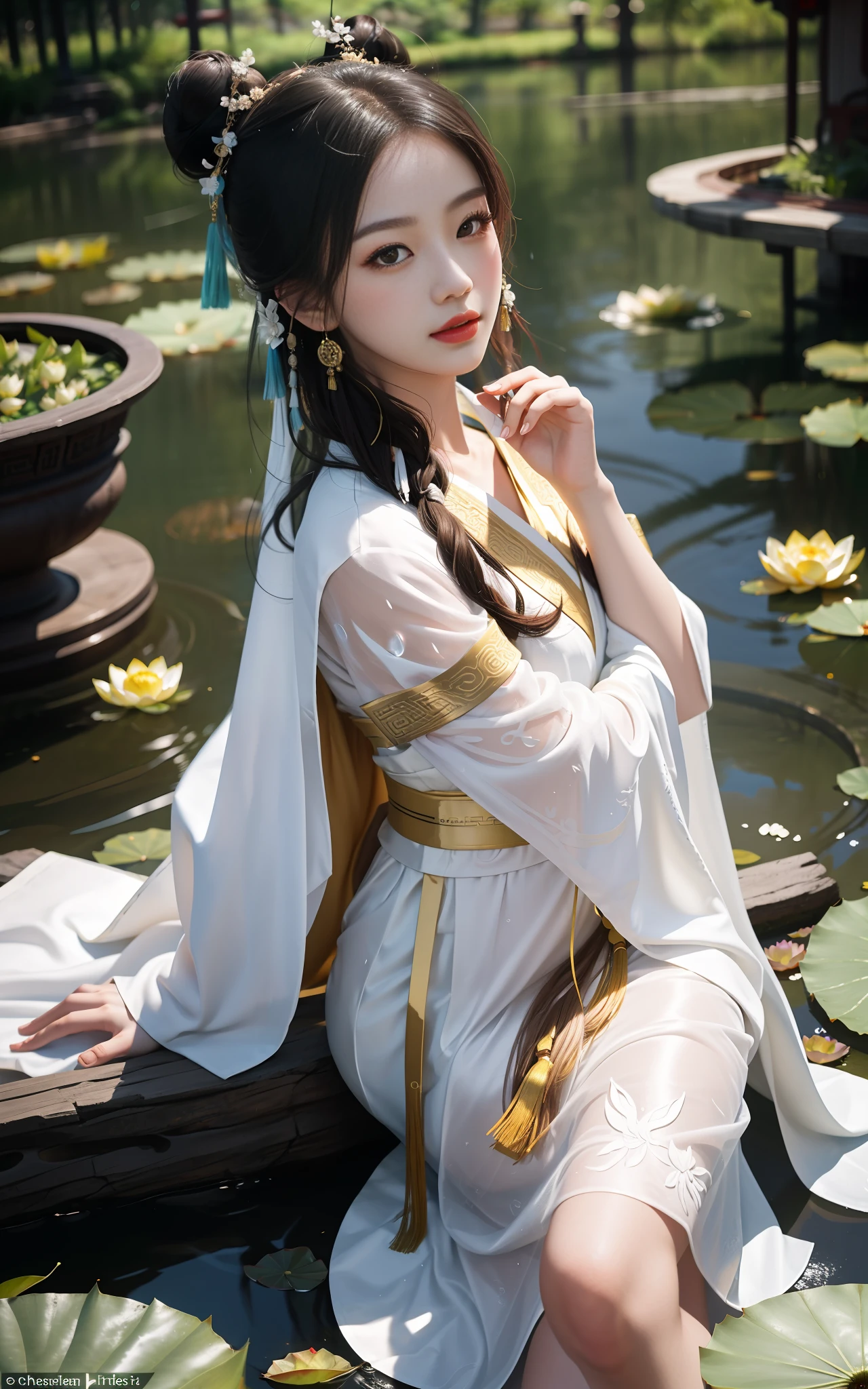 realistic, big vista, wide angle lens, intricate details, super detailed, natural skin texture, 1 girl, hair bundle, bun, beautiful Chinese woman in white hanfu robe cloak, fairy, white mist, golden light, white mist, outdoors, in Hangzhou West Lake, in ancient Chinese pavilion, (colorful, vivid, sunny, cool light: 1.2) lotus leaves in pond, delicate facial details, dynamic poses, exquisite details, wide view, epic details, global illumination - ar 3:2 - Q 5 - V 5.1 - Style RAW-S 750, style influenced by ancient Chinese art, complex, high detail, sharp focus, dramatic, photorealistic painting art, lotus leaf, spring rain, bright, light, atmospheric, bright tones of spring, super detail, 16k, best quality, soft light, space, crystal clear, natural light, surreal photography,