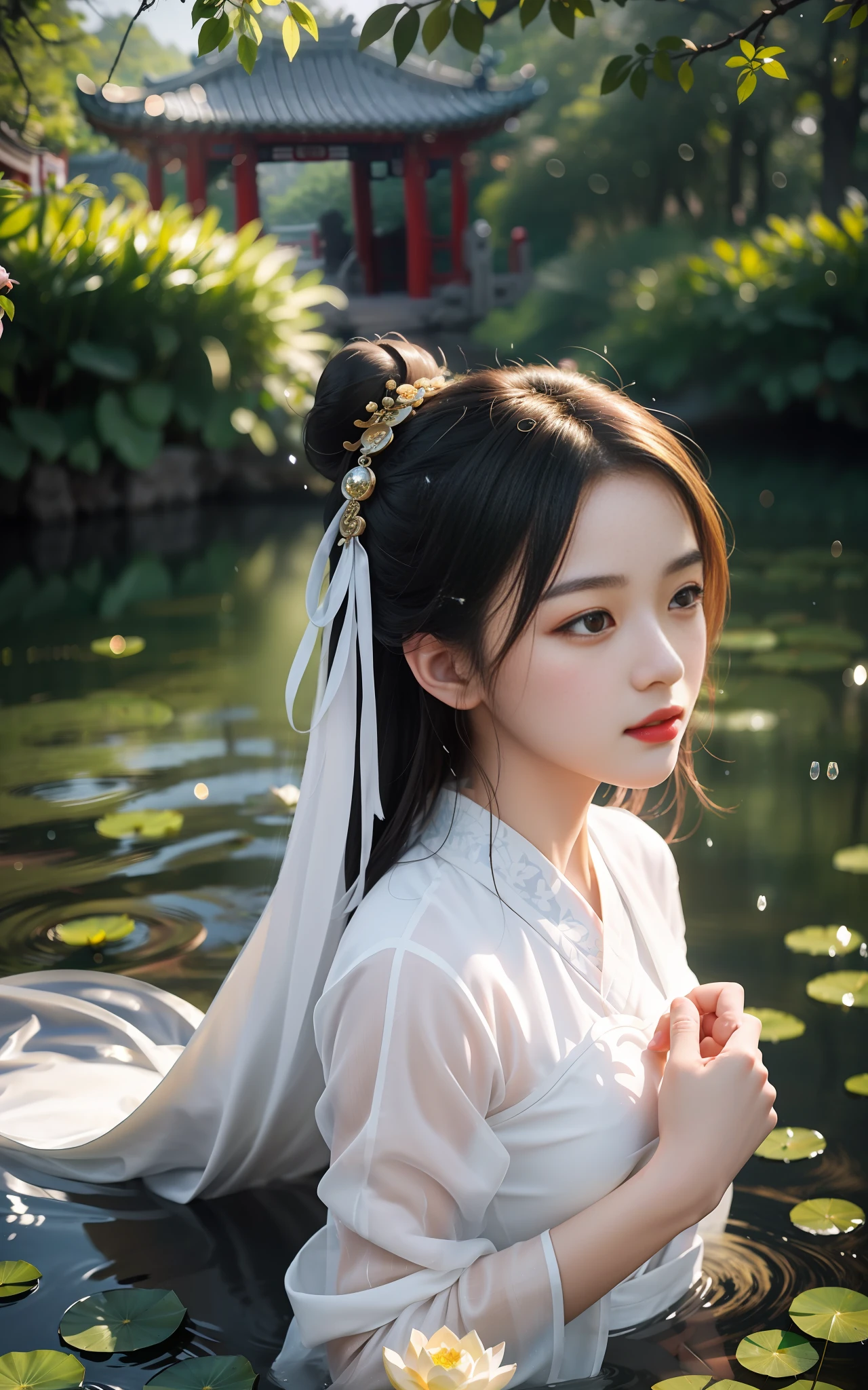 realistic, big vista, wide angle lens, intricate details, super detailed, natural skin texture, 1 girl, hair bundle, bun, beautiful Chinese woman in white hanfu robe cloak, fairy, white mist, golden light, white mist, outdoors, in Hangzhou West Lake, in ancient Chinese pavilion, (colorful, vivid, sunny, cool light: 1.2) lotus leaves in pond, delicate facial details, dynamic poses, exquisite details, wide view, epic details, global illumination - ar 3:2 - Q 5 - V 5.1 - Style RAW-S 750, style influenced by ancient Chinese art, complex, high detail, sharp focus, dramatic, photorealistic painting art, lotus leaf, spring rain, bright, light, atmospheric, bright tones of spring, super detail, 16k, best quality, soft light, space, crystal clear, natural light, surreal photography,