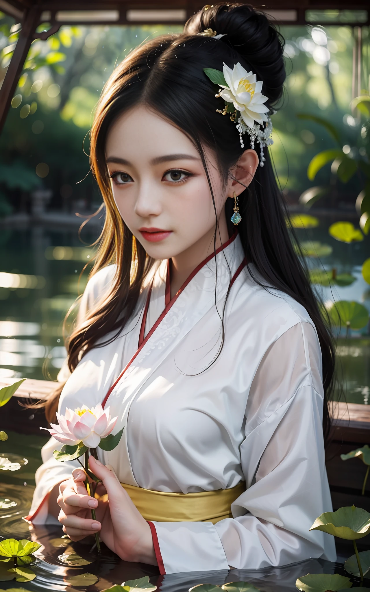 realistic, big vista, wide angle lens, intricate details, super detailed, natural skin texture, 1 girl, hair bundle, bun, beautiful Chinese woman in white hanfu robe cloak, fairy, white mist, golden light, white mist, outdoors, in Hangzhou West Lake, in ancient Chinese pavilion, (colorful, vivid, sunny, cool light: 1.2) lotus leaves in pond, delicate facial details, dynamic poses, exquisite details, wide view, epic details, global illumination - ar 3:2 - Q 5 - V 5.1 - Style RAW-S 750, style influenced by ancient Chinese art, complex, high detail, sharp focus, dramatic, photorealistic painting art, lotus leaf, spring rain, bright, light, atmospheric, bright tones of spring, super detail, 16k, best quality, soft light, space, crystal clear, natural light, surreal photography,