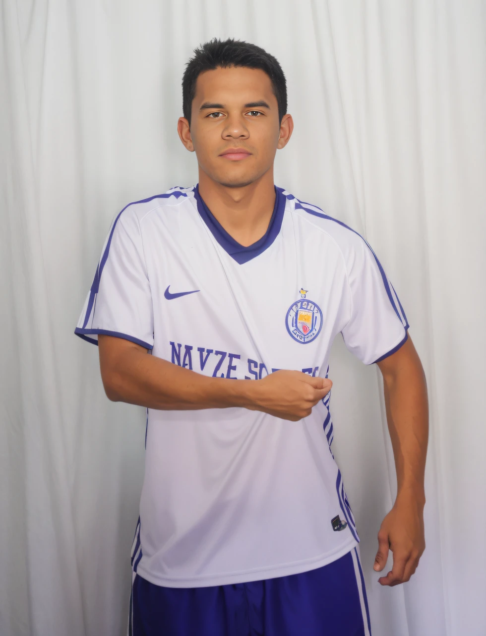 An animated man in a white and blue football uniform posing for a photo.