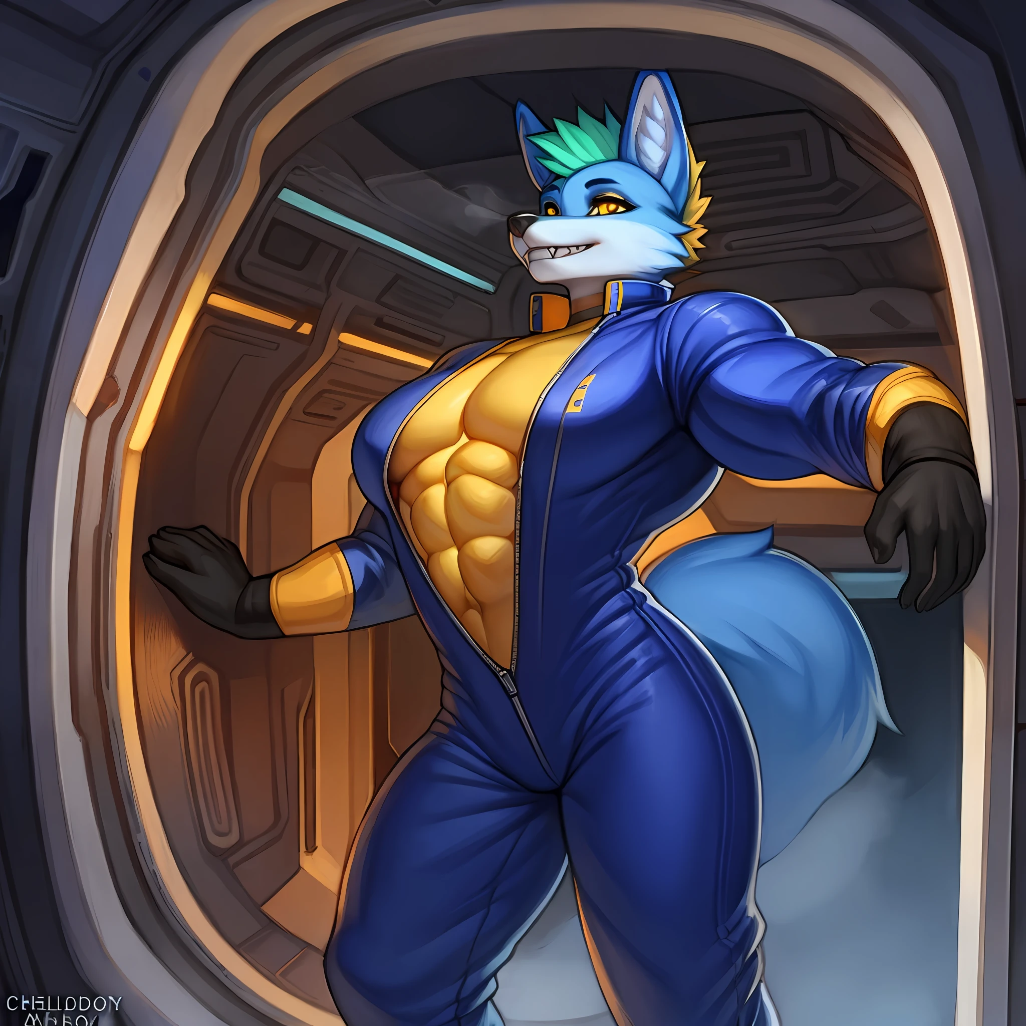 Solo, female, canine, blue fur, muscular, beefy, very strong, massive biceps, defined abs, defined muscles, fox, blue body, blonde hair, tall mohawk, giant mohawk, yellow eyes, detailed eyes, detailed hands, sharp teeth, fangs, steam, steam from nose, tall ears, indigo jumpsuit, indigo spacesuit, standing, space, spaceship, window, by chelodoy