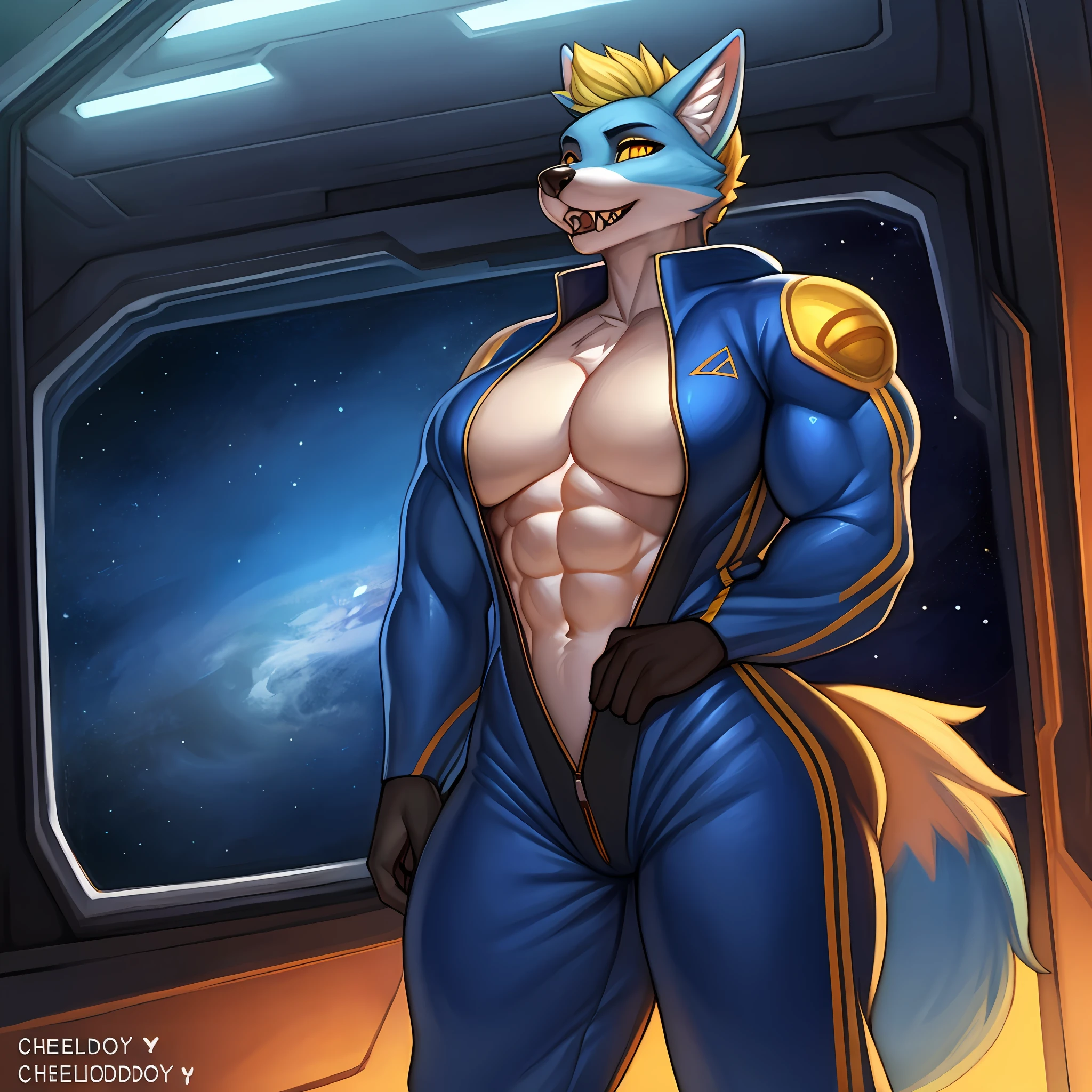 Solo, female, canine, blue fur, muscular, beefy, very strong, massive biceps, defined abs, defined muscles, fox, blue body, blonde hair, tall mohawk, giant mohawk, yellow eyes, detailed eyes, detailed hands, sharp teeth, fangs, steam, steam from nose, tall ears, indigo jumpsuit, indigo spacesuit, standing, space, spaceship, window, by chelodoy