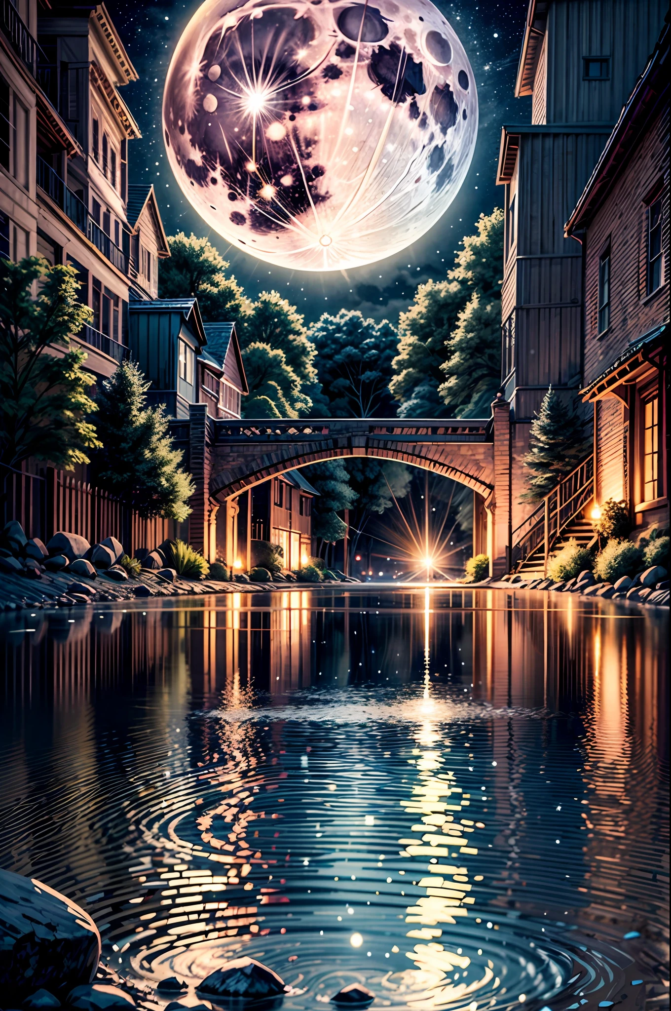 A tranquil night is illuminated by the captivating presence of a full moon. The moon dominates the night sky with its radiant glow, casting a shimmering light that bathes the surroundings in a mystical ambiance. Its brilliance stands out, captivating all who gaze upon it. Majestic and alone, the full moon commands attention, its magnificence unmatched. The atmosphere is infused with a sense of wonder and tranquility, evoking emotions of awe and serenity. The moonlight creates an ethereal atmosphere, suffusing the scene with a soft and enchanting glow. Shadows deepen, adding depth and contrast, while the moon's radiant light remains the focal point. The full moon's luminescence creates a mesmerizing lighting effect, illuminating the landscape with its serene and captivating presence.