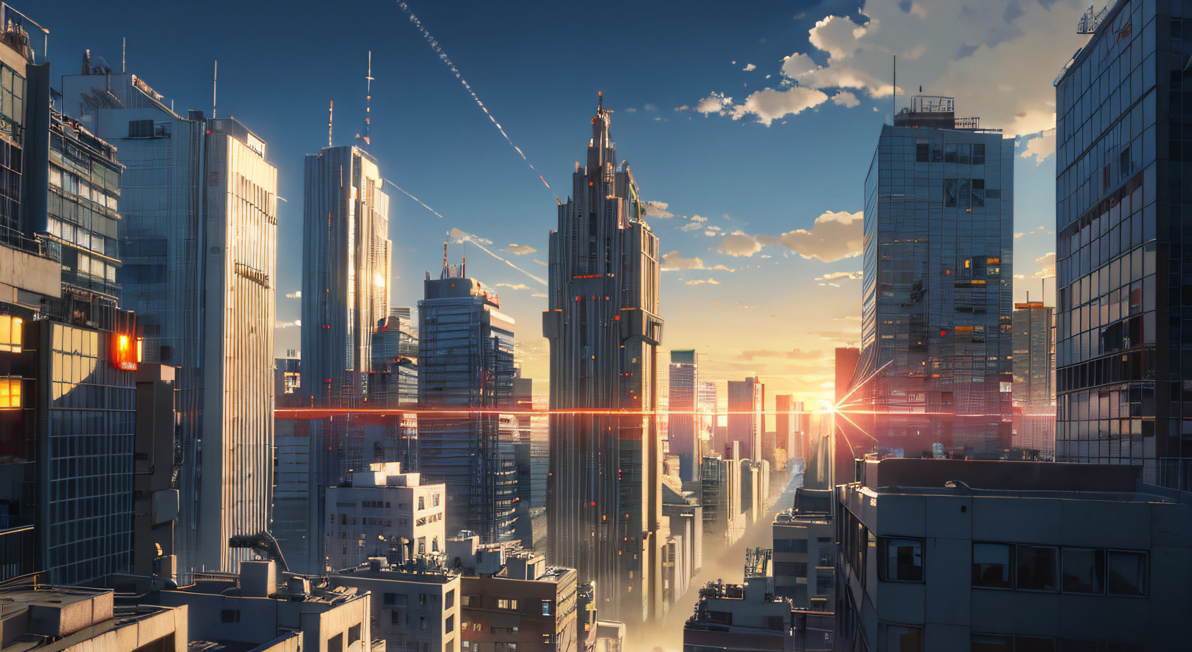 (Masterpiece: 1.2, highest quality), (Lighting) 3, detailed anime-style illustrations, buildings in the world of Bladerunner dyed in the setting sun looking up from below, buildings in shadow and looking dark and hazy. The entire screen is bright red, Makoto Shinkai, anime style, and the sky is also dyed bright red.