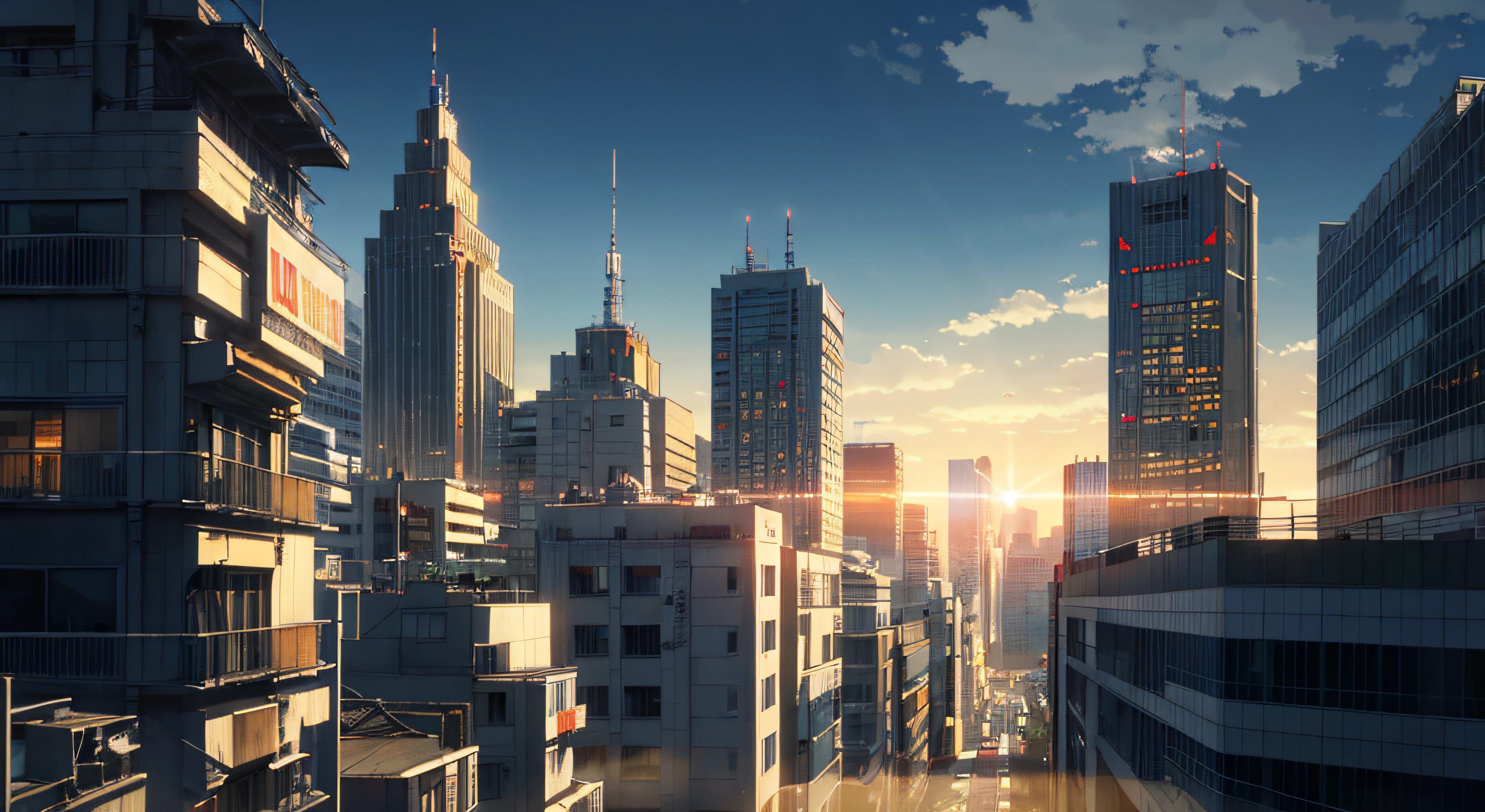 (Masterpiece: 1.2, highest quality), (Lighting) 3, detailed anime-style illustrations, buildings in the world of Bladerunner dyed in the setting sun looking up from below, buildings in shadow and looking dark and hazy. The entire screen is bright red, Makoto Shinkai, anime style, and the sky is also dyed bright red.