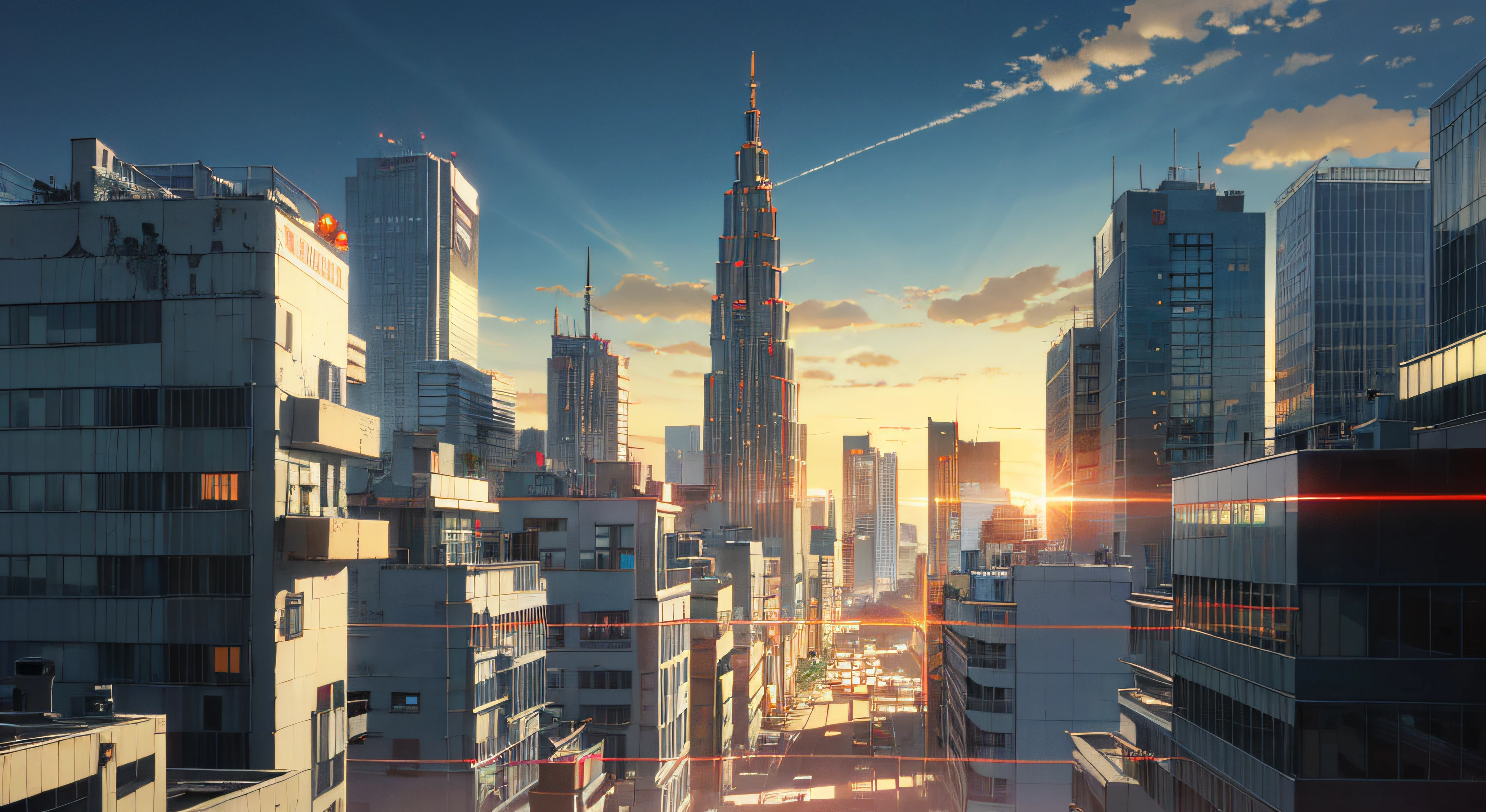 (Masterpiece: 1.2, highest quality), (Lighting) 3, detailed anime-style illustrations, buildings in the world of Bladerunner dyed in the setting sun looking up from below, buildings in shadow and looking dark and hazy. The entire screen is bright red, Makoto Shinkai, anime style, and the sky is also dyed bright red.