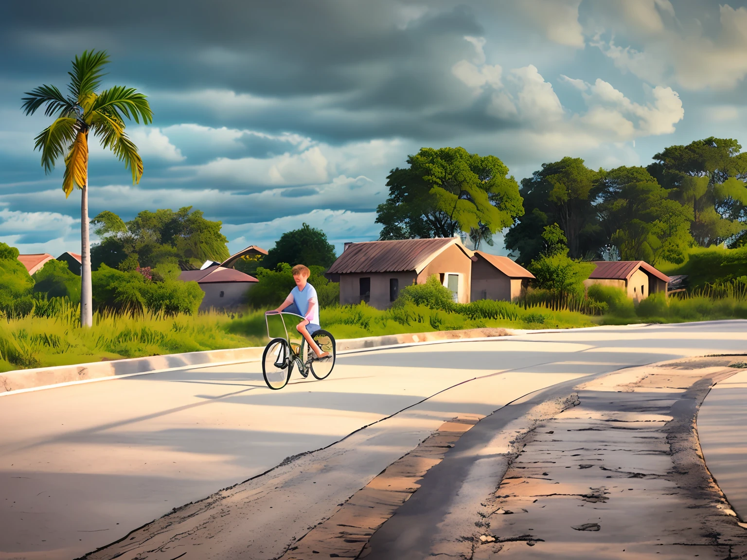 a boy riding a bikecyle with a basket, riding on the road, riding a bike, village, sun set, enhanced photo, riding bikecyle, realitics photo --auto