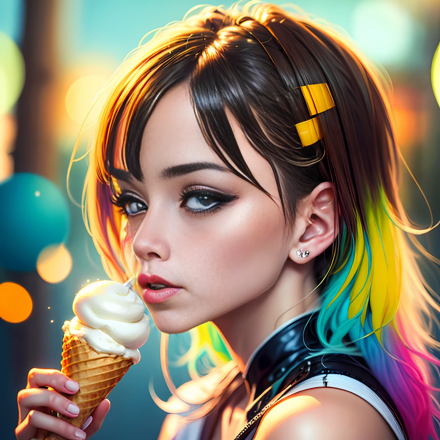 a charming girl licking ice cream, looking at viewer, from side, face focus, food focus, (eyeliner:1.2), (best quality, highres, photorealistic, raw, 8k,masterpiece, ),best quality, masterpiec8K.HDR. highresabsurdres:1.2, film grain, blurrybokeh:1.2, lens flare, (vibrant color:1.2), (delicate),