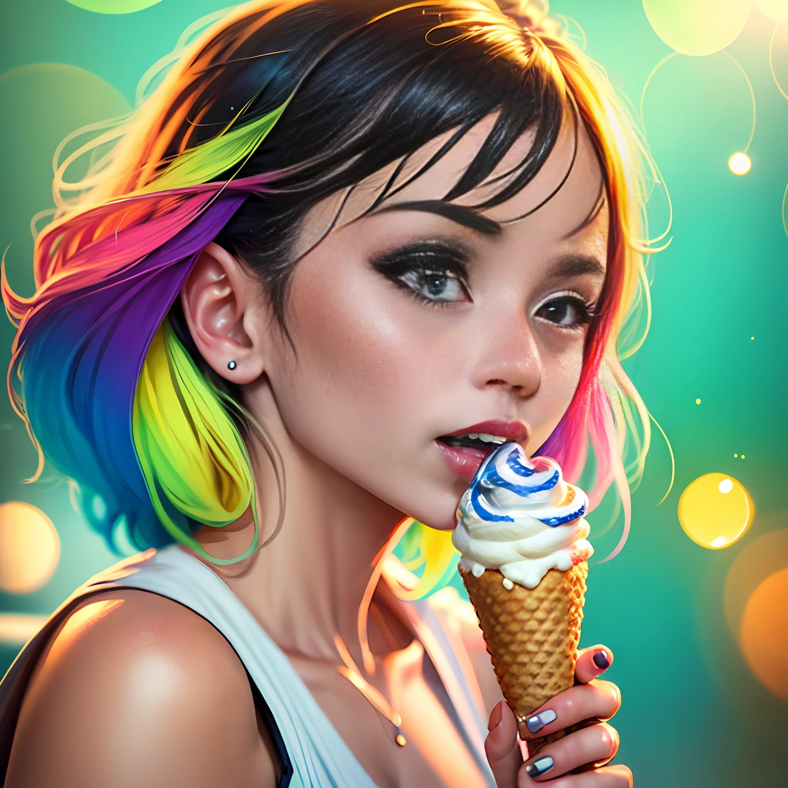 a charming girl licking ice cream, looking at viewer, from side, face focus, food focus, (eyeliner:1.2), (best quality, highres, photorealistic, raw, 8k,masterpiece, ),best quality, masterpiec8K.HDR. highresabsurdres:1.2, film grain, blurrybokeh:1.2, lens flare, (vibrant color:1.2), (delicate),