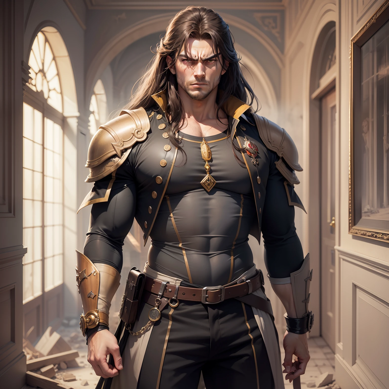 Realistic image of a handsome, strong man, long brown hair, brown eyes, dressed in black alchemist style costumes with a black blouse underneath, anime character style art, fighter posture, angry, hallway of a palace with rubble