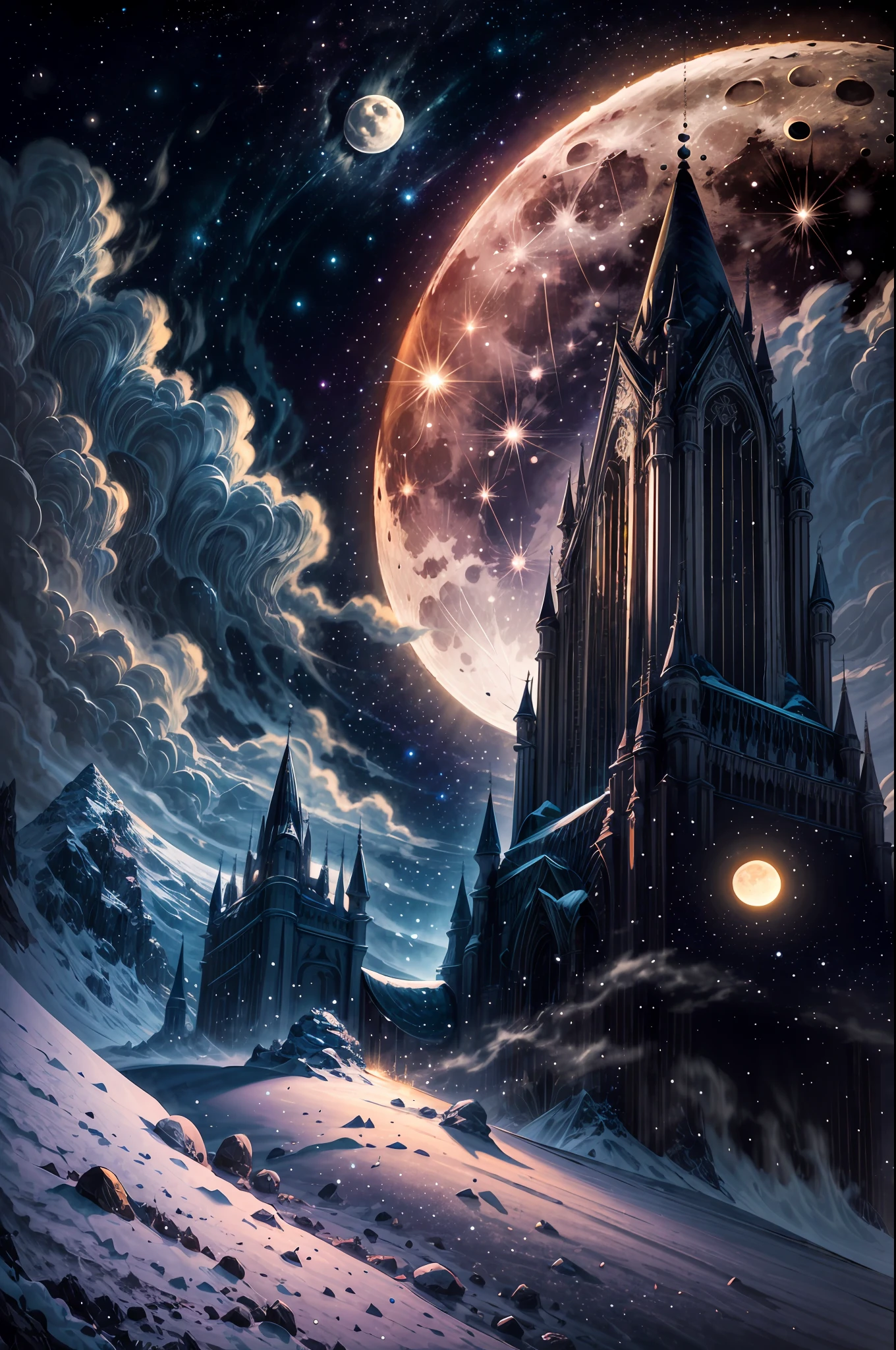 A night with a full moon. The moon, radiant and resplendent, takes center stage in the vast expanse of the night sky. Its luminosity captivates the beholder, casting a soft, ethereal glow upon the world below. Suspended like a celestial pearl, it reigns supreme, commanding attention with its majestic presence. The moon stands alone, a solitary sentinel amidst a sea of stars, its brilliance unrivaled. The moonlight bathes the landscape, infusing it with a dreamlike aura, casting long, haunting shadows that dance upon the Earth. The atmosphere is serene and tranquil, evoking a sense of awe and wonder. The lighting effect showcases the moon's radiance, as its golden rays cascade gently over the surroundings, casting a delicate illumination. Shadows deepen, granting depth and mystery to the scene, while the moon's brilliance remains the focal point. The moon's light imbues the night with a touch of enchantment, casting a spell that captivates all who gaze upon it. The scene unfolds with a vertical orientation, framing the moon in all its celestial glory.