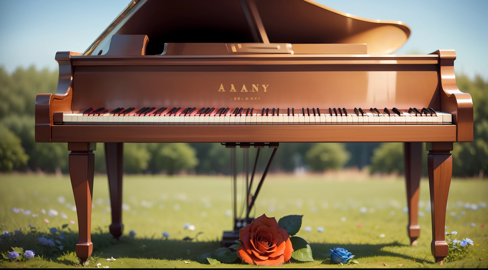 mahogany acoustic grand piano on a green lawn, on a sunny day with blue sky. A red rose on the piano keys