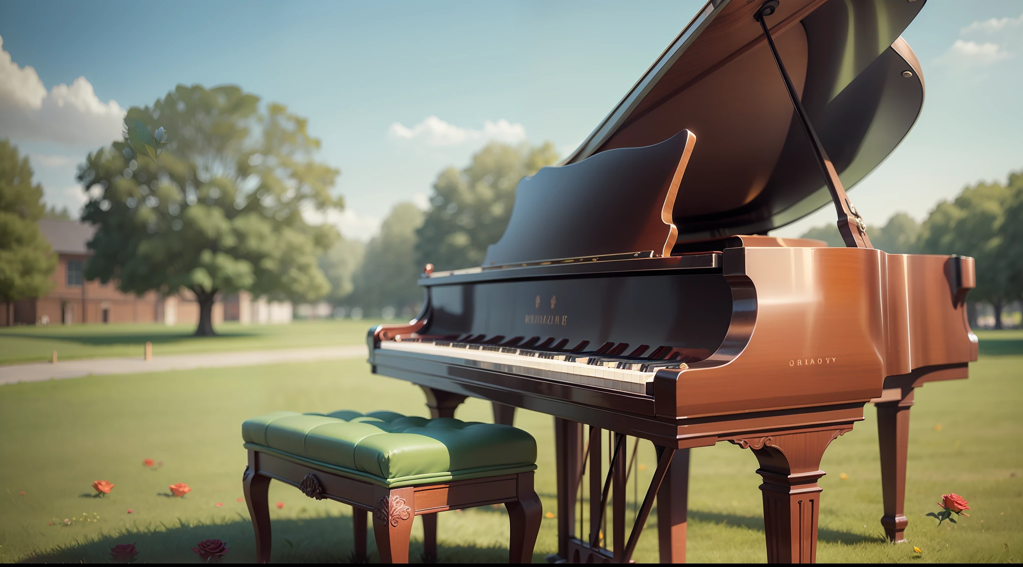 mahogany acoustic grand piano on a green lawn, on a sunny day with blue sky. A red rose on the piano keys