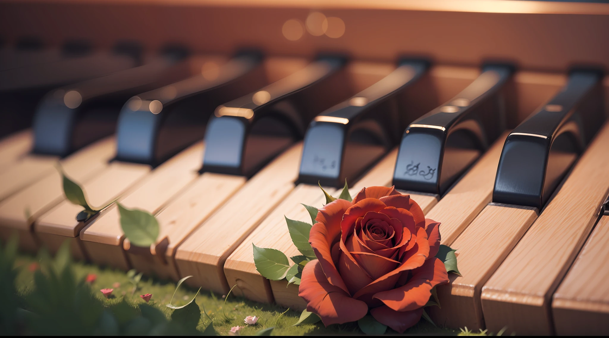 mahogany acoustic grand piano on a green lawn, on a sunny day with blue sky. A red rose on the piano keys