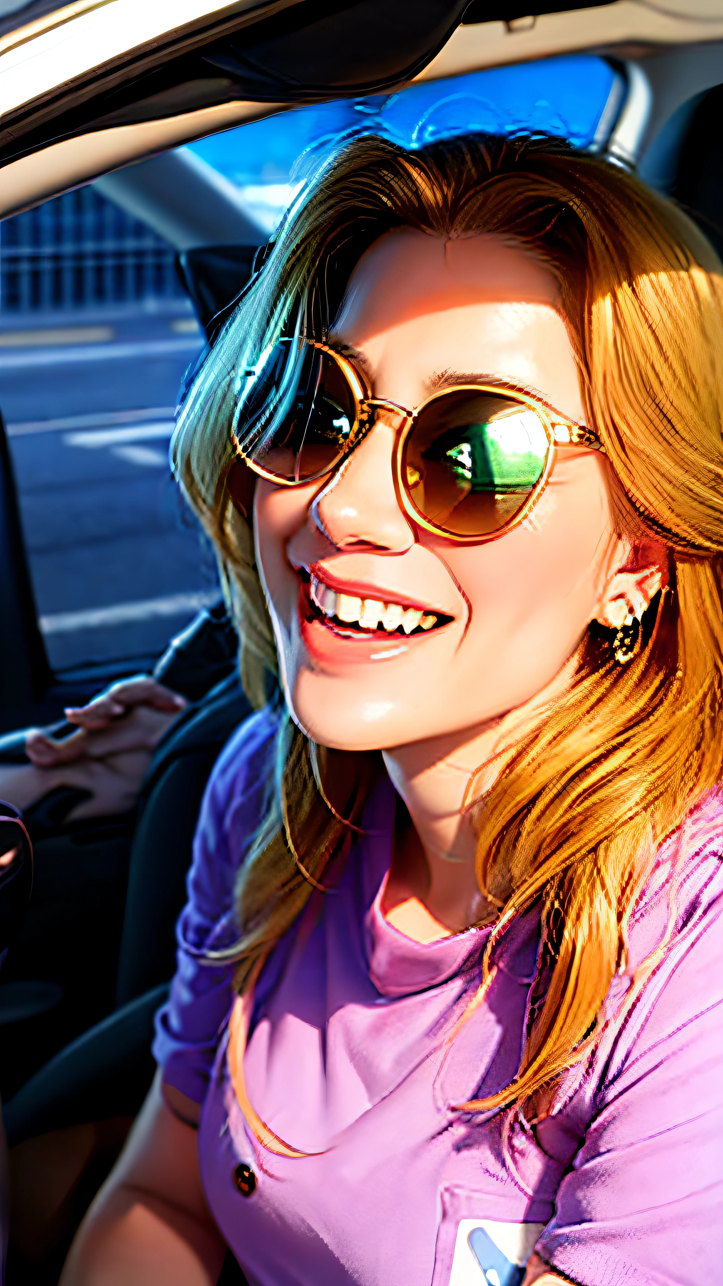 Blonde woman with sunglasses and pink shirt smiling in a car, lovely smile, she is smiling, anime, and realistic animation style