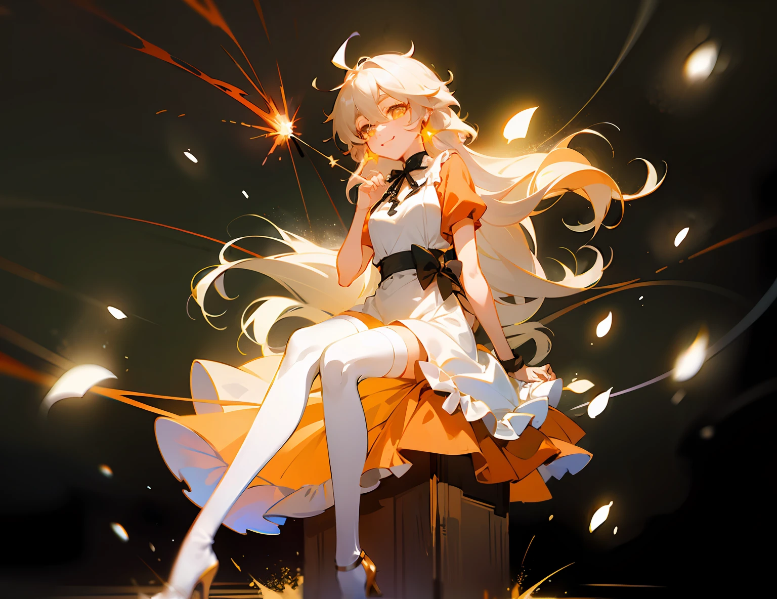 Anime Female, Seated, Official Art, Yellow Light Magic, 21Charturnerv2, Charturnbetalora, Shinkai Makoto, Kimi No na Wa., (Fantasy: 1.4), (Orange-Yellow Eyes: 1.233), Her Eyes Shining Like Fantastic Stars, (Glowing Eyes: 1.233), (Beautiful and Delicate Eyes: 1.1), (Gray Hair)))), (Messy Hair, Very long hair, hair between the eyes, sideburns), (microcurls: 1.14), ((orange short-sleeved shirt)), ((glowing white apron))), (((black ribbon tied waist))), ((black bow tied on the right side of the waist)), choker, (miko thighhighs), (orange high heels)), (barelegs), (smile, shut up), dreamy, soul, (fluorescent), [[delicate fingers and hands:0.55]::0.85], (finger detail), full body, white and gold motif, inspired by Yang J, inspired by Luma Rouge, Kagamine rin, ethereal, yellow light spell, some chaotic sparks, in glowing style