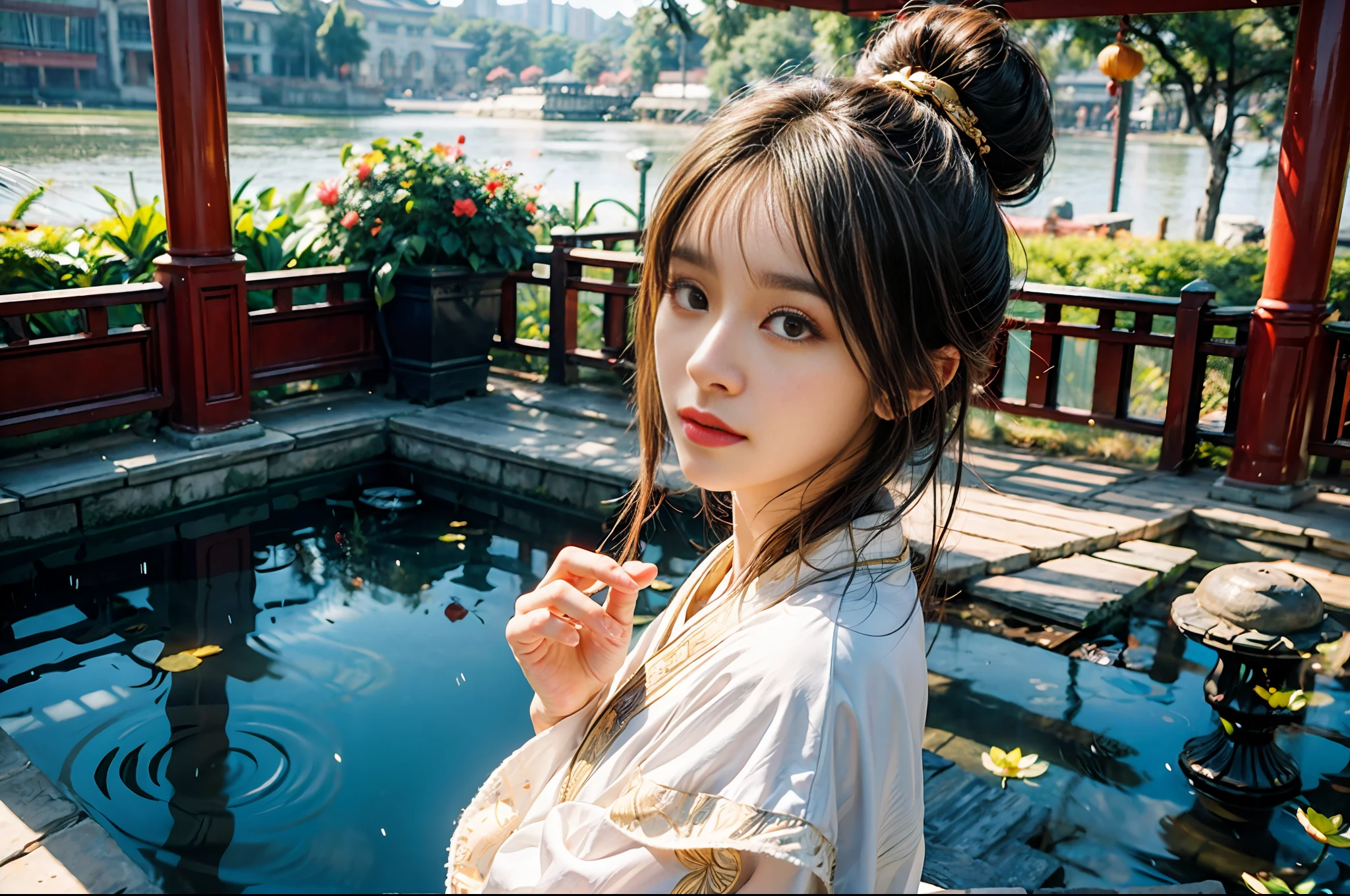 realistic, big vista, wide angle lens, intricate details, super detailed, natural skin texture, 1 girl, hair bundle, bun, beautiful Chinese woman in white hanfu robe cloak, fairy, white mist, golden light, white mist, outdoors, in Hangzhou West Lake, in ancient Chinese pavilion, (colorful, vivid, sunny, cool light: 1.2) lotus leaves in pond, delicate facial details, dynamic poses, exquisite details, wide view, epic details, global illumination - ar 3:2 - Q 5 - V 5.1 - Style RAW-S 750, style influenced by ancient Chinese art, complex, high detail, sharp focus, dramatic, photorealistic painting art, lotus leaf, spring rain, bright, light, atmospheric, bright tones of spring, super detail, 16k, best quality, soft light, space, crystal clear, natural light, surreal photography,