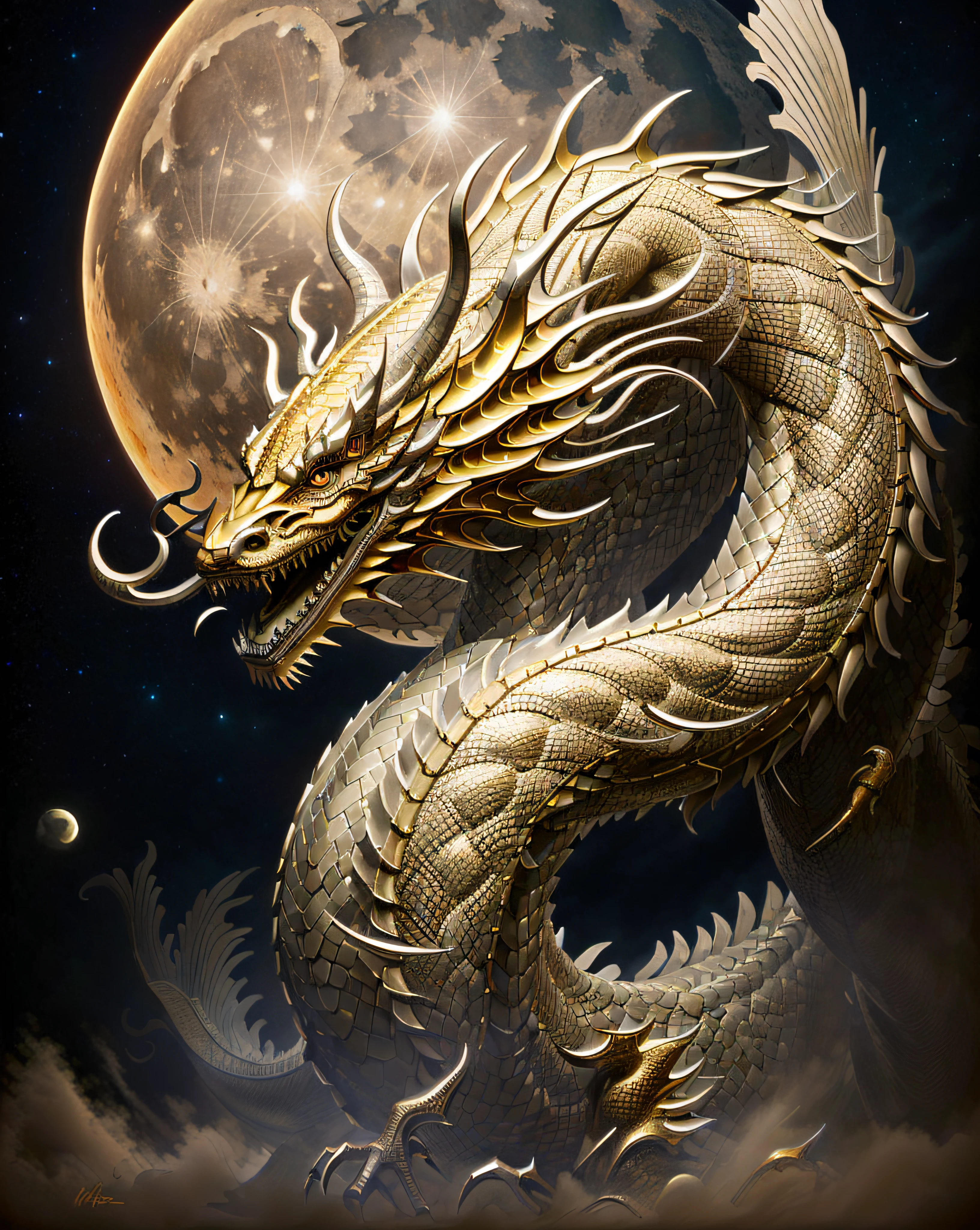there is a dragon statue with a full moon in the background, chinese dragon concept art, smooth chinese dragon, dragon art, majestic japanese dragon, oil painting of dragon, chinese dragon, loong, 4k highly detailed digital art, golden dragon, digital painting highly detailed, highly detailed digital art, colossal dragon as background, dragon, god of dragons, chinese fantasy