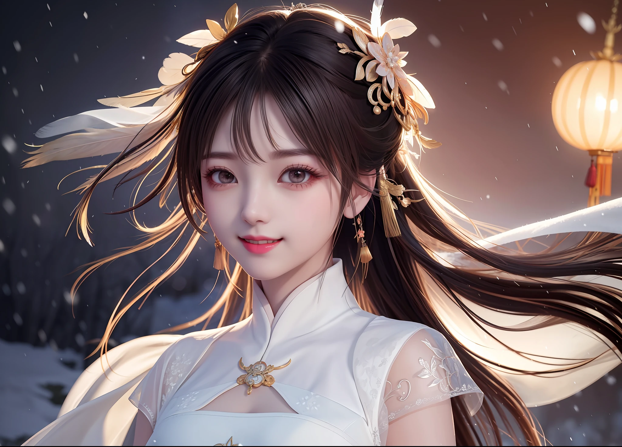 Top Quality, Masterpiece, High Resolution, 1girl, Blush, (Seductive Smile: 0.8), Star-shaped Pupil, Chinese Han Style, Hair Ornament, Beautiful Face, upon_body, Tyndall Effect, Photorealistic, Dark Studio, Rim Lighting, Two-Tone Lighting, (High Detail Skin), 8K UHD, DSLR, Soft Lighting, High Quality, Volumetric Lighting, Candid, Photography, High resolution, 4K, 8K, Bokeh, (white dress), (Soft and long fabric is swaying in the wind, very long see-through feather goromo)), (Snowy landscape, Snowfield),
