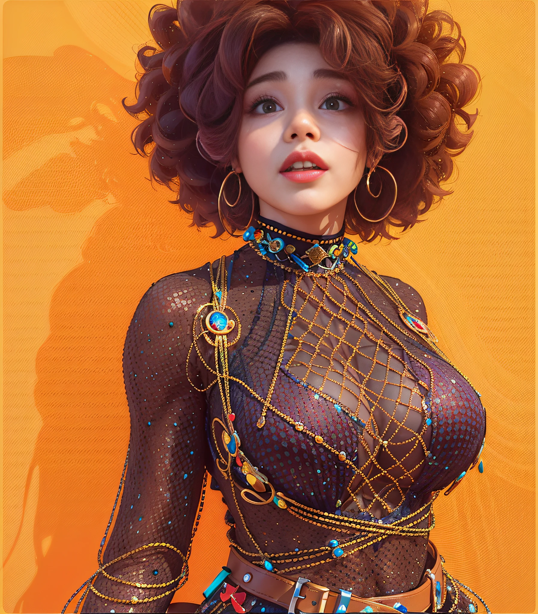there is a woman with a very large afro wearing a dress, cat doja, afro futurist, afrofuturist, afro futurism, afrofuturism style, epic 3 d oshun, afrofuturist, inspired by Barkley Hendricks, beautiful digital art, render 8k", afrofuturism, trend in artstation 4k, hybrid mix of beeple style, inspired by Archibald Motley, transparent bulge, moist and shiny lips. Tears in one eye. ((black hair)).