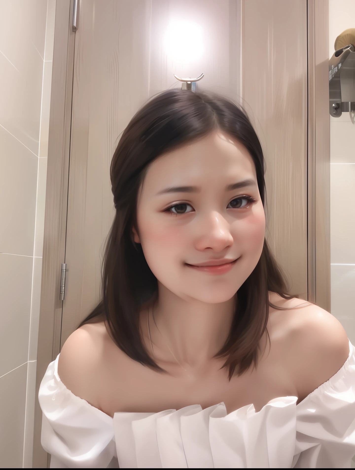 there is a woman that is posing for a picture in a bathroom, xintong chen, 2 7 years old, ruan jia beautiful!, wenfei ye, 2 8 years old, xision wu, gemma chen, mai anh tran, south east asian with round face, 1 8 yo, young cute wan asian face, 21 years old, louise zhang