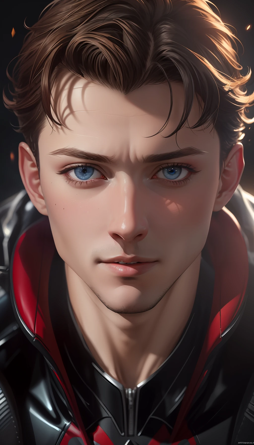 Ultra realistic image, with 8k (Energetic:1.3), TomHolland,Cjota,CGSociety,ArtStation,(Saturated:1.3),(close portrait:1.3),(Male:1.4),(beautiful:1.4 ), (attractive: 1.3), beautiful, calendar pose, perfectly detailed eyes, studio lighting, spider web themed background