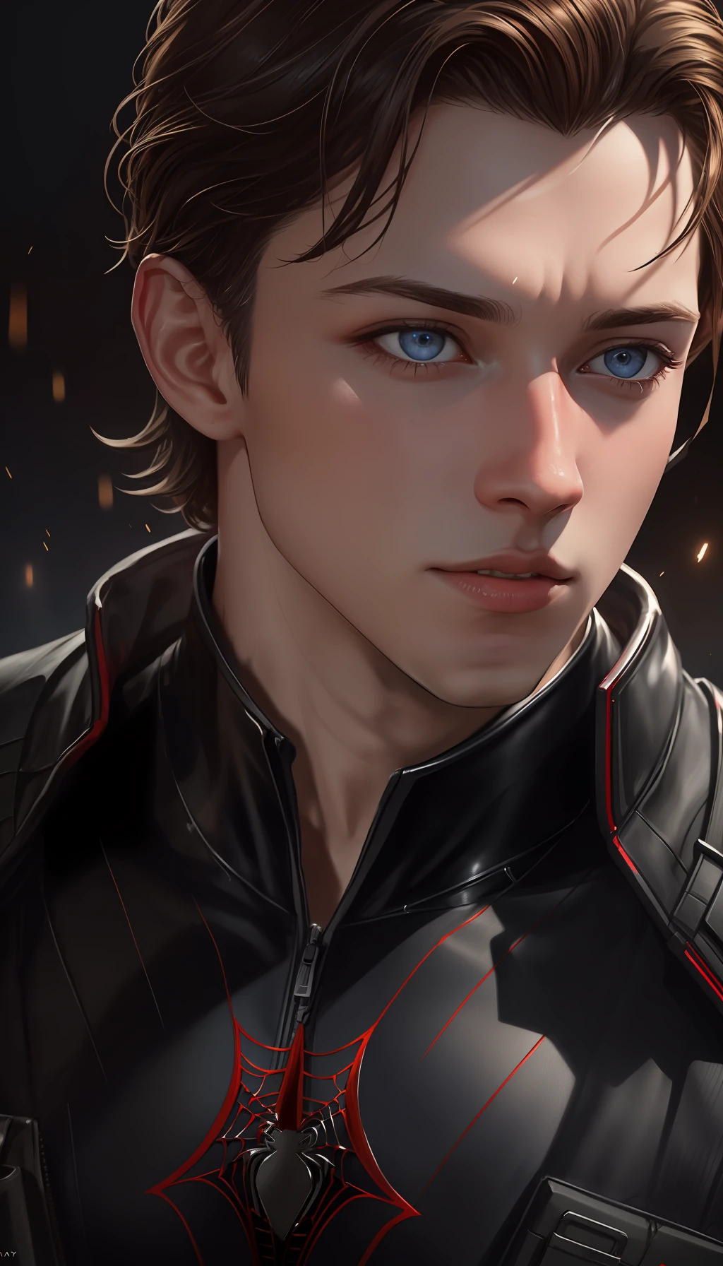 Ultra realistic image, with 8k (Energetic:1.3), TomHolland,Cjota,CGSociety,ArtStation,(Saturated:1.3),(close portrait:1.3),(Male:1.4),(beautiful:1.4 ), (attractive: 1.3), beautiful, calendar pose, perfectly detailed eyes, studio lighting, spider web themed background