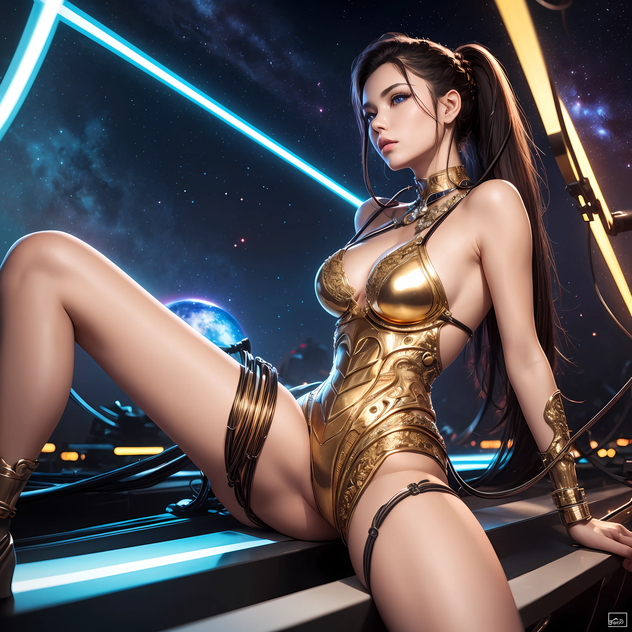 super beautiful woman, android, white french braid long hair, glossy blue eyes, open legs, seductive pose, sexy, ultra sharp,metal,intricate, ornaments detailed, highly intricate details, realistic light, trending on cgsociety, machanical limbs,blood vessels connected to tubes,mechanical vertebra attaching to back,mechanical cervial attaching to neck,sitting,wires and cables connecting to head, background galaxy give off rainbow and gold neon light many lines radially, brilliant planet, fantasy, portrait, high resolution, best quality, very high image quality, ultra detailed, hyper realistic, photorealistic --auto