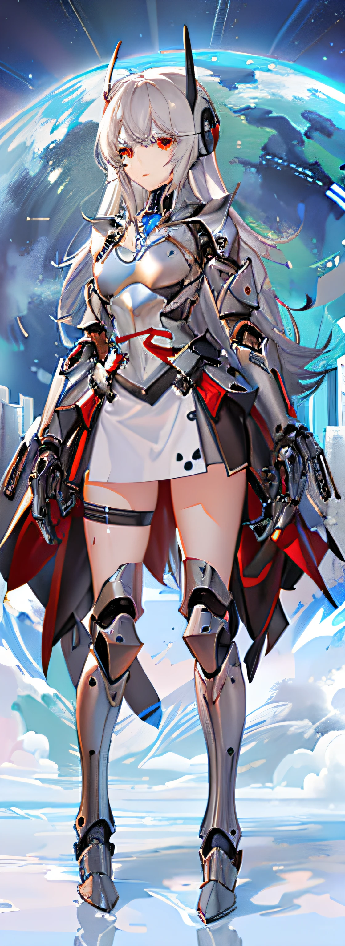 "Heavy demon cyborg armor, with a rugged aesthetic and futuristic design that resembles a strong mechanical exoskeleton. Dark shades, highlighted edges and details with a slight glow. Emphasize the strength and resilience of the armor, with high-quality materials and visible mechanical components. Emphasize the combination of technology and warfare, with built-in weapons and defense systems. Show the characteristics of the cyborg, such as biomechanical implants, red eyes or indicated circuits. Depict the armor in a futuristic combat environment, with destroyed buildings and smoke effects in the background.