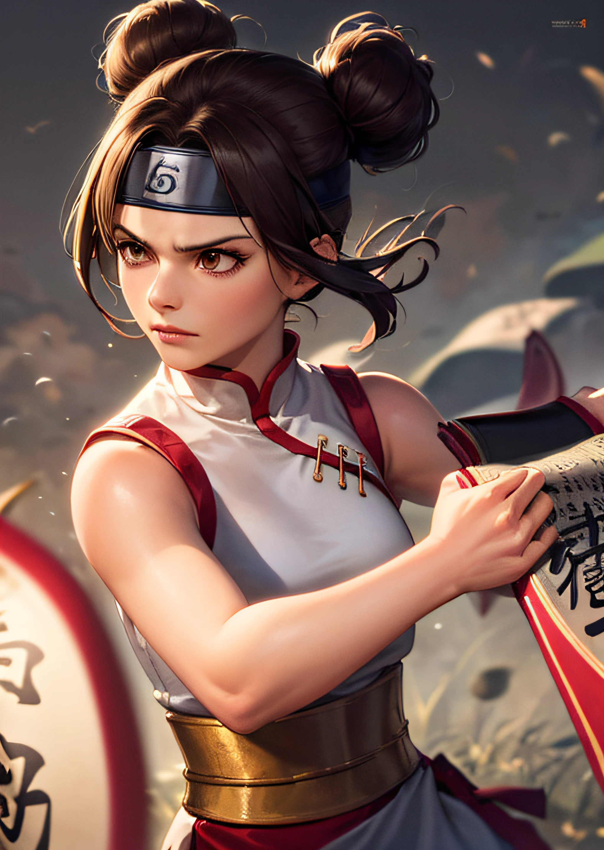 4k, 8k, best quality, ultra high res, (photorealistic:1.4),(masterpiece:1.2), best quality, masterpiece, highres, original, extremely detailed wallpaper, (ultra-detailed), (best illustration), (best shadow), (realism), realistic, solo, 1girl, tenten, double bun, cute, forehead protector, headband,  chinese clothes, white china dress, sleeveless, holding weapon, fighting stance, kung fu, (scroll:1.3), (calligraphy:1.2), hanging scroll, (angry:0.8), looking at viewer, wind blowing, wind, village,