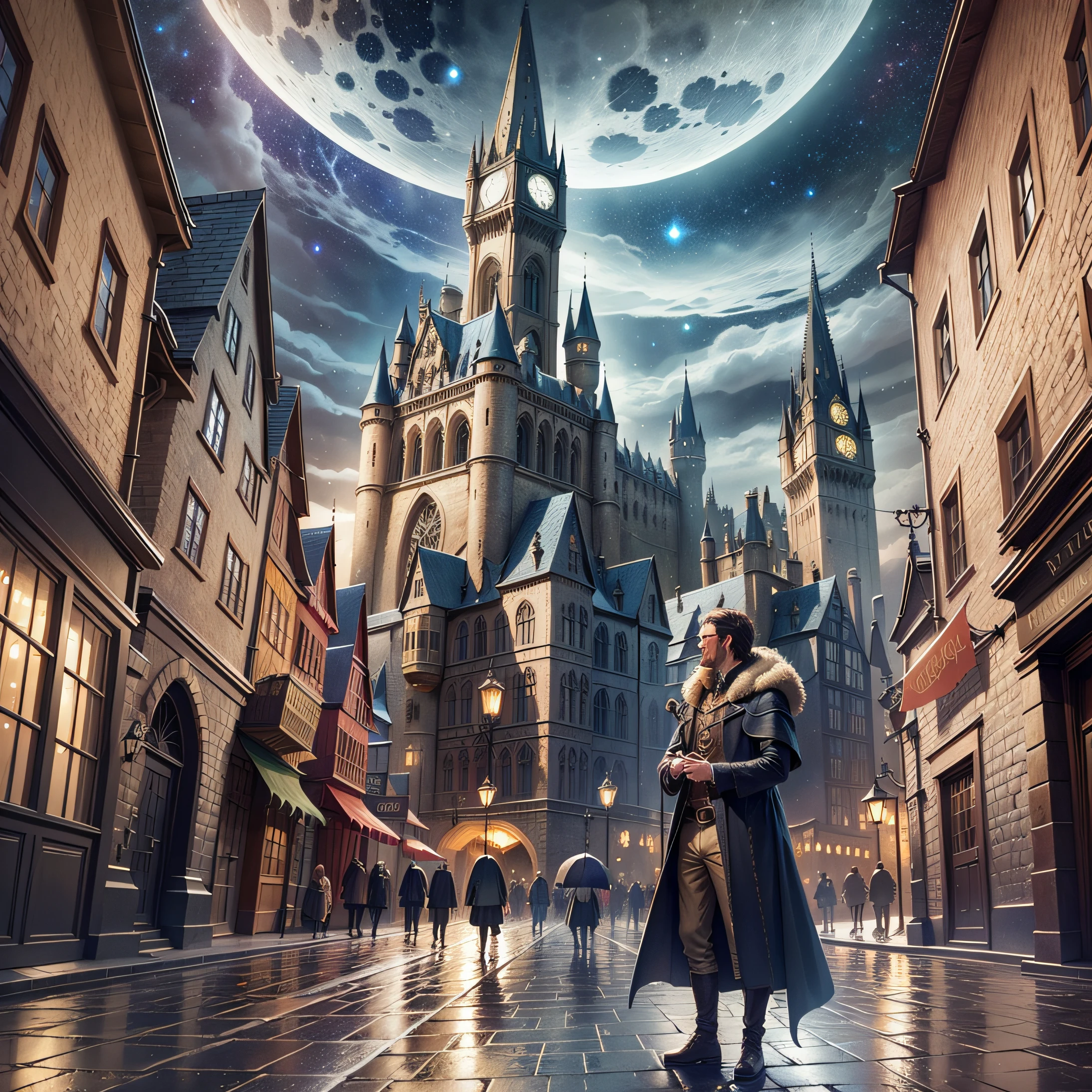Image with the universe at the bottom of the moon, at night, a medieval battle, human war in the midst of cities and buildings. --auto