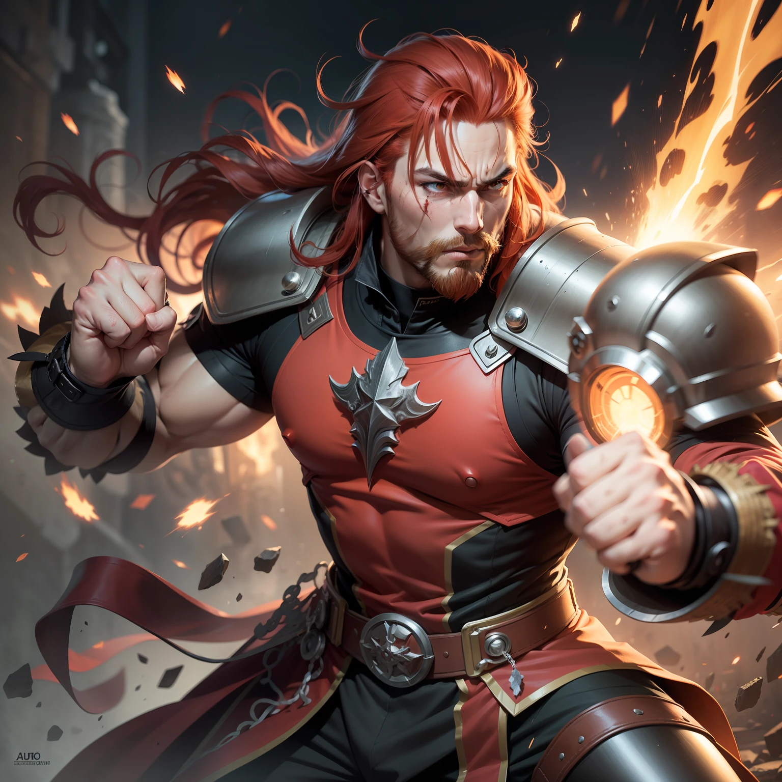 Realistic image of a strong, tall, red hair with mullets, thin beard, dressed in black cleric's costumes with red details and with shoulder pads, anime character style art, wounded face, attacking with electrified fists, aura around the body