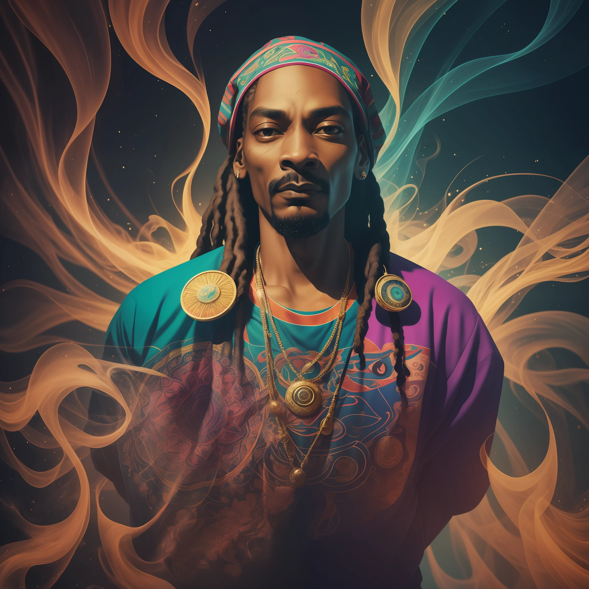 In the depths of the image emerges the iconic Snoop Dog, immersed in a haze of smoke as he indulges in the finest herbs. His presence defies convention, emanating an aura that captivates and intrigues. Adorned with an extraordinary and vibrant ensemble, Snoop Dog's attire embodies a fusion of artistic expression and cultural significance. As the eye explores the scene, intricate patterns and vibrant colors intertwine, creating a mesmerizing backdrop of artistic weeds. Each stroke of detail breathes life into the image, transcending boundaries and transporting viewers into a realm where creativity knows no limits. The swirling smoke and vibrant hues blend harmoniously, giving birth to a captivating and immersive experience. Prepare to be captivated by the lifelike representation of Snoop Dog, as he stands in all his glory, exuding an energy that pulses through the image itself. The interplay of incredible colors and meticulous attention to detail bring this hyper-realistic portrayal to life, inviting you to embrace the world of artistic expression and celebrate the unique presence of Snoop Dog. Step into a realm where creativity and individuality reign supreme, as Snoop Dog's legendary persona merges with the incredible artistic weeds that surround him. Lose yourself in the vibrant atmosphere, where art and cannabis converge, and witness the undeniable allure of this extraordinary scene.hyper realistic.32k --auto --s2