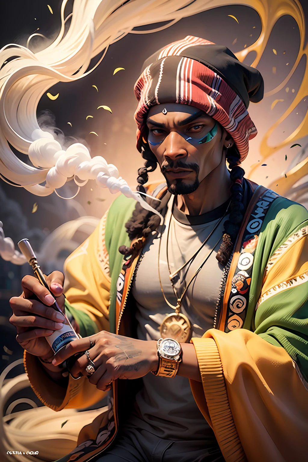 In the depths of the image emerges the iconic Snoop Dog, immersed in a haze of smoke as he indulges in the finest herbs. His presence defies convention, emanating an aura that captivates and intrigues. Adorned with an extraordinary and vibrant ensemble, Snoop Dog's attire embodies a fusion of artistic expression and cultural significance. As the eye explores the scene, intricate patterns and vibrant colors intertwine, creating a mesmerizing backdrop of artistic weeds. Each stroke of detail breathes life into the image, transcending boundaries and transporting viewers into a realm where creativity knows no limits. The swirling smoke and vibrant hues blend harmoniously, giving birth to a captivating and immersive experience. Prepare to be captivated by the lifelike representation of Snoop Dog, as he stands in all his glory, exuding an energy that pulses through the image itself. The interplay of incredible colors and meticulous attention to detail bring this hyper-realistic portrayal to life, inviting you to embrace the world of artistic expression and celebrate the unique presence of Snoop Dog. Step into a realm where creativity and individuality reign supreme, as Snoop Dog's legendary persona merges with the incredible artistic weeds that surround him. Lose yourself in the vibrant atmosphere, where art and ???????? converge, and witness the undeniable allure of this extraordinary scene.hyper realistic.32k --auto --s2