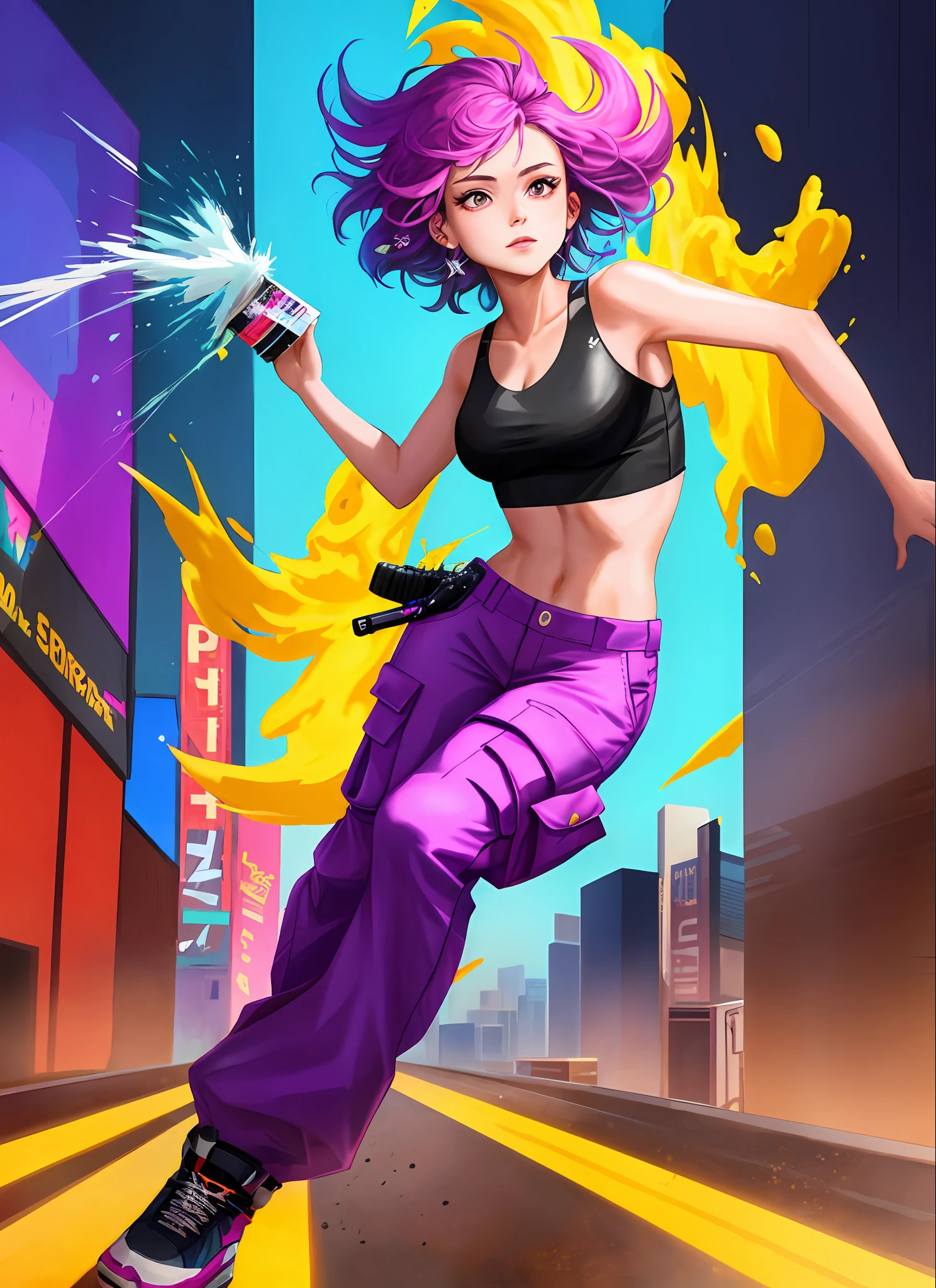 Swpunk style synthwave award-winning full-body portrait of a woman in a croptop and cargo pants with purple ombre hairstyle with moving head and flying hair, paint splashes, splatter, outrun, vaporware, shaded flat illustration, digital art, trend on artstation, highly detailed, fine detail, intricate