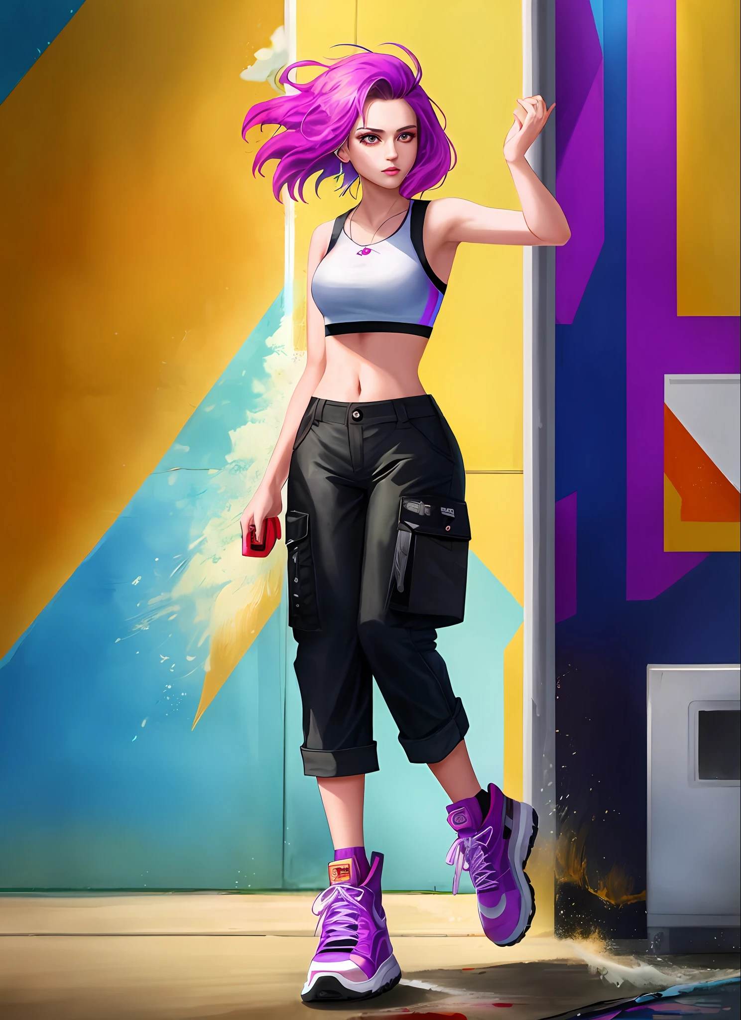 Swpunk style synthwave award-winning full-body portrait of a woman in a croptop and cargo pants with purple ombre hairstyle with moving head and flying hair, paint splashes, splatter, outrun, vaporware, shaded flat illustration, digital art, trend on artstation, highly detailed, fine detail, intricate