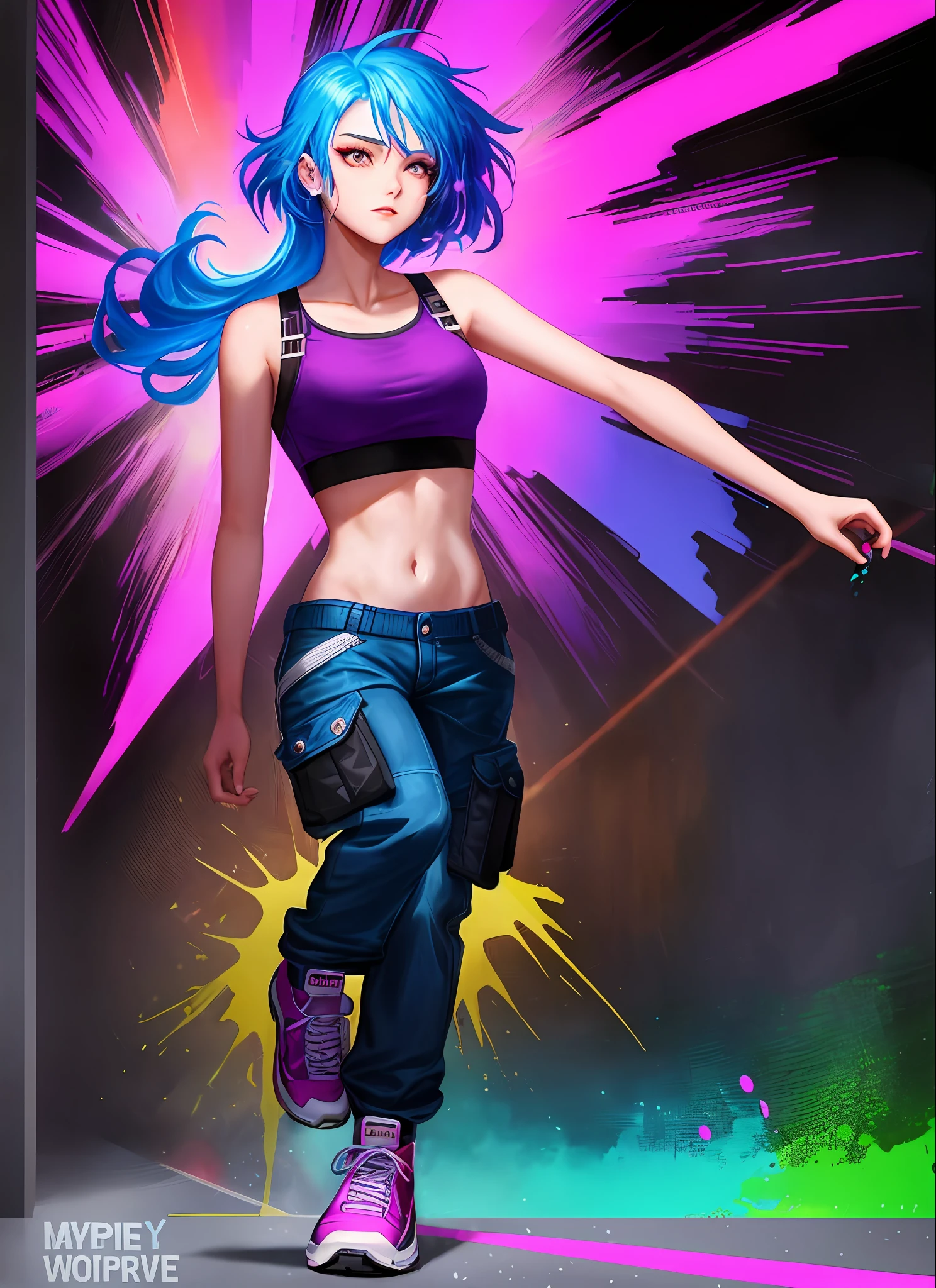 Swpunk style synthwave award-winning full-body portrait of a woman in a croptop and cargo pants with purple ombre hairstyle with moving head and flying hair, paint splashes, splatter, outrun, vaporware, shaded flat illustration, digital art, trend on artstation, highly detailed, fine detail, intricate