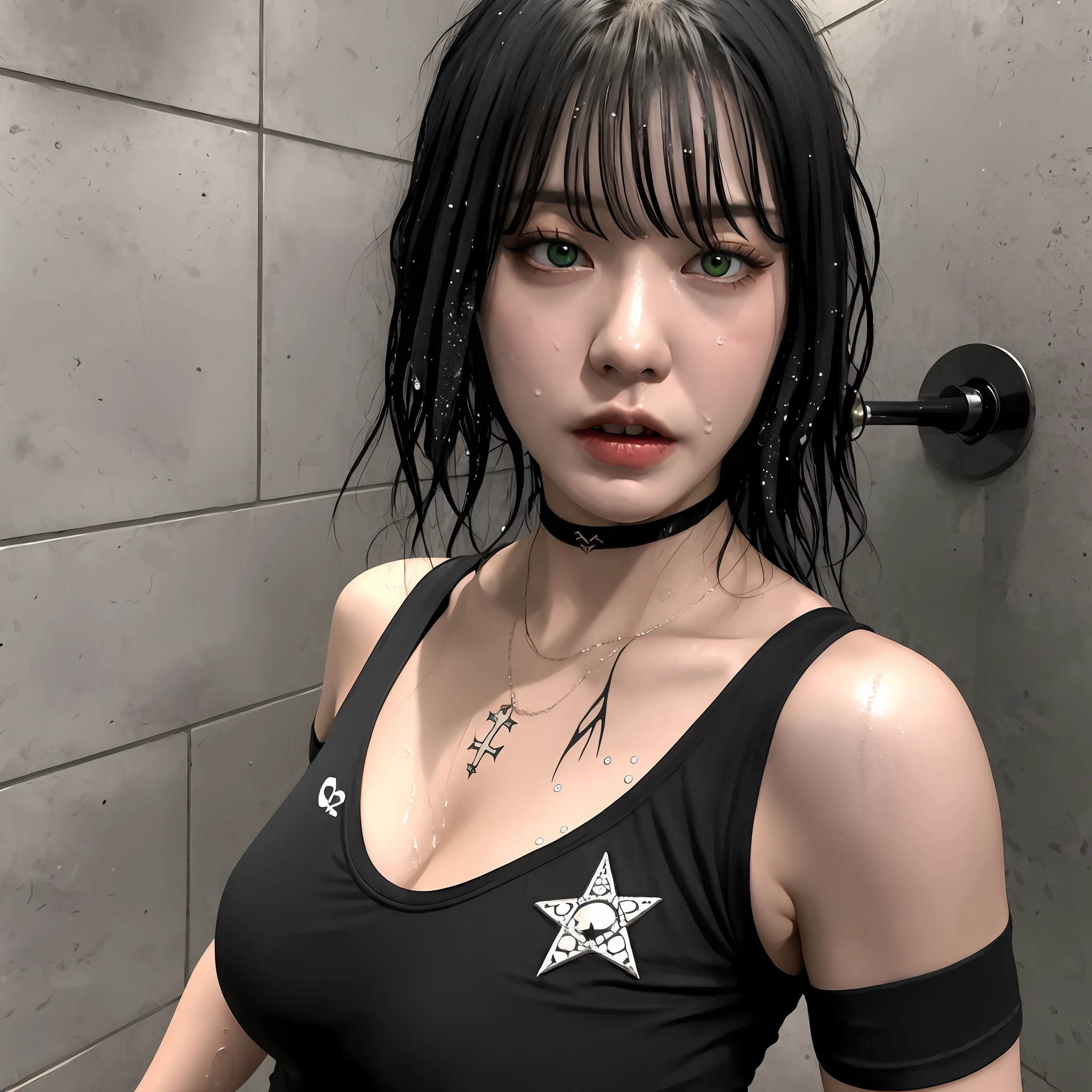 killer mercenary girl 23 years old, she is very hot, she is angry, a star tattoo on her face, a black tight T-shirt, off-the-shoulder, wet clothes, short hair, long bangs, leather shorts, long socks, wet clothes, wet girl, liquids drain, hair disheveled long bangs, dangerous girl, revie from the pirates of the black lagoon