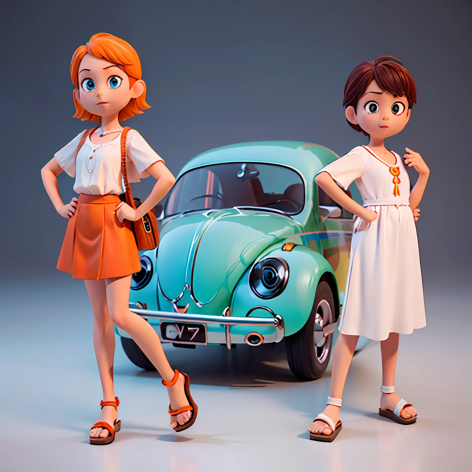 3dcharacter, (highmobile style beetle orange, sandal: 1.2), load on car, (whole car: 1.2), simple background, masterpiece, best quality, (light blue gradient background: 1.1), 3d pixar